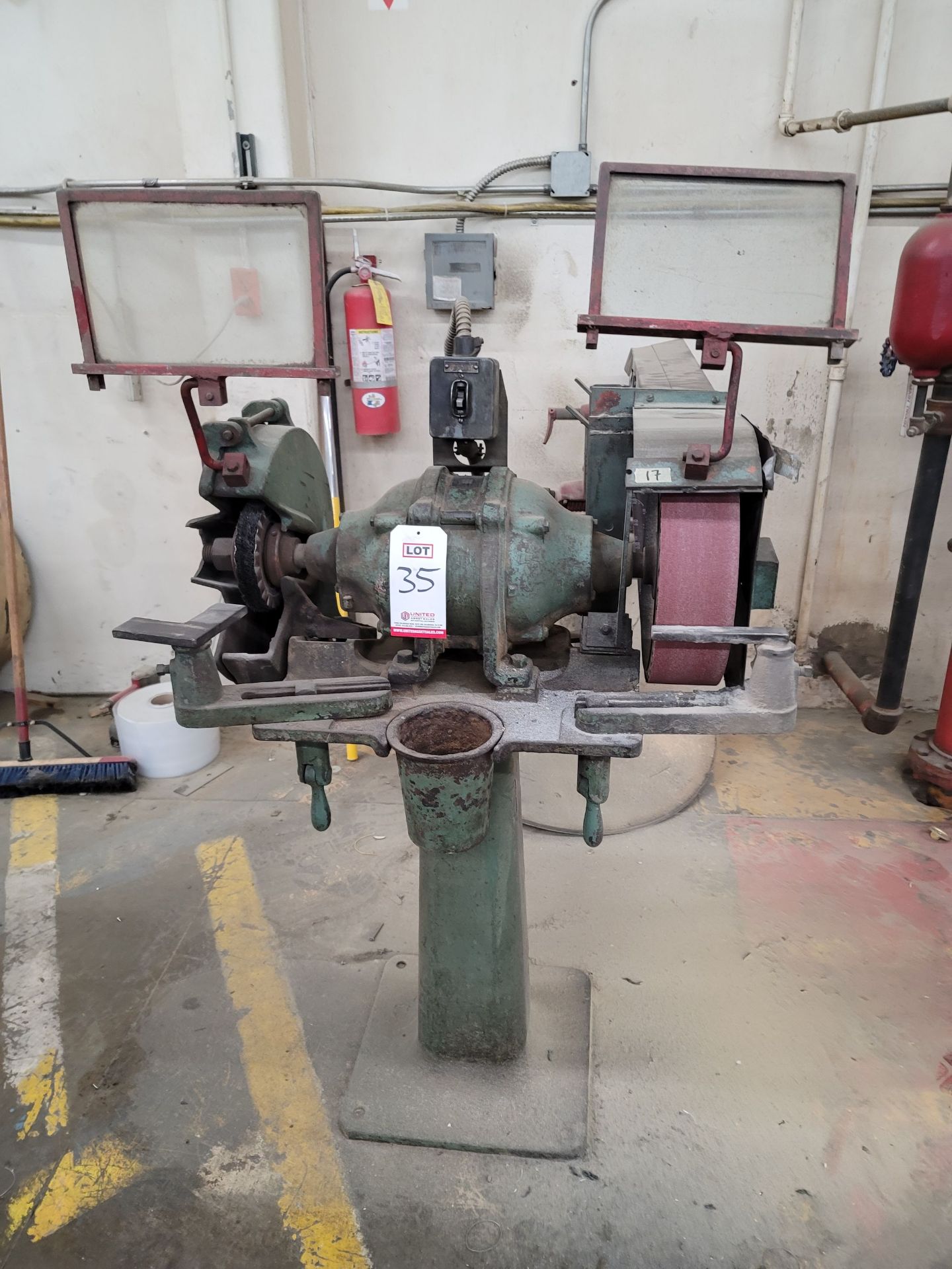 2 HP PEDESTAL 4" BELT SANDER AND WIRE WHEEL COMBINATION