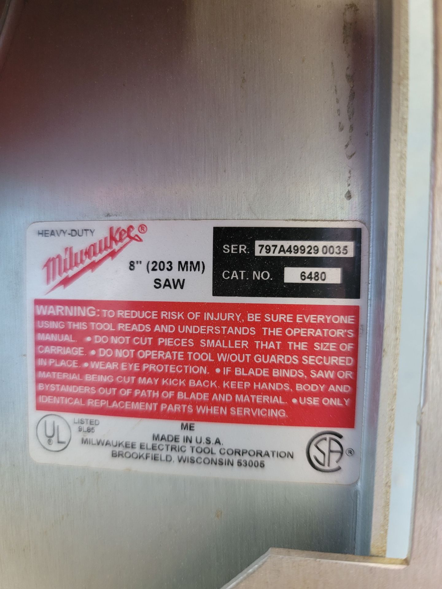 MILWAUKEE 8" VERTICAL PANEL SAW, CAT. NO. 6480, S/N 797A499290035 - Image 3 of 4