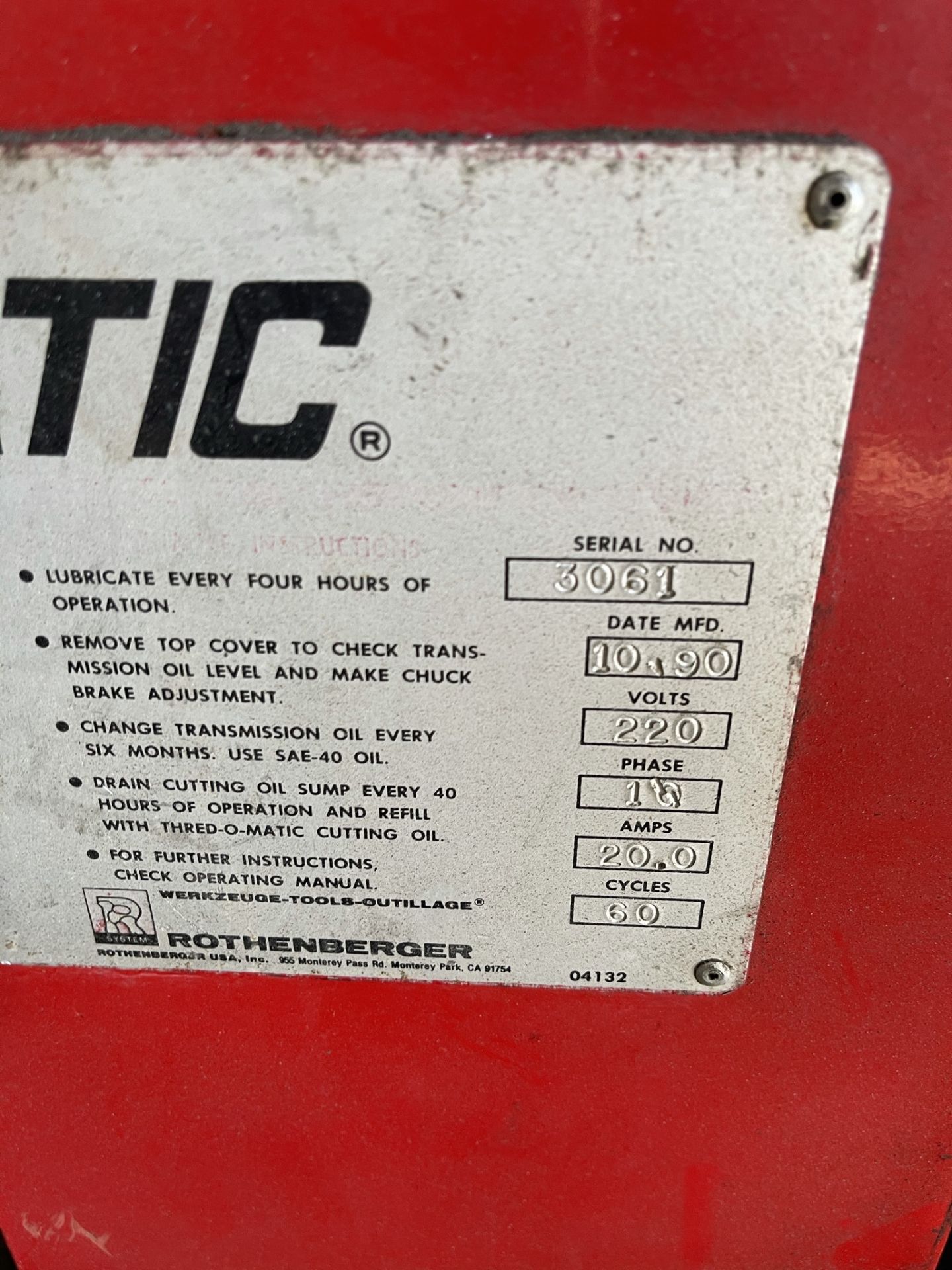 COLLINS THREAD-O-MATIC PIPE THREADING MACHINE, S/N 3061 - Image 4 of 4