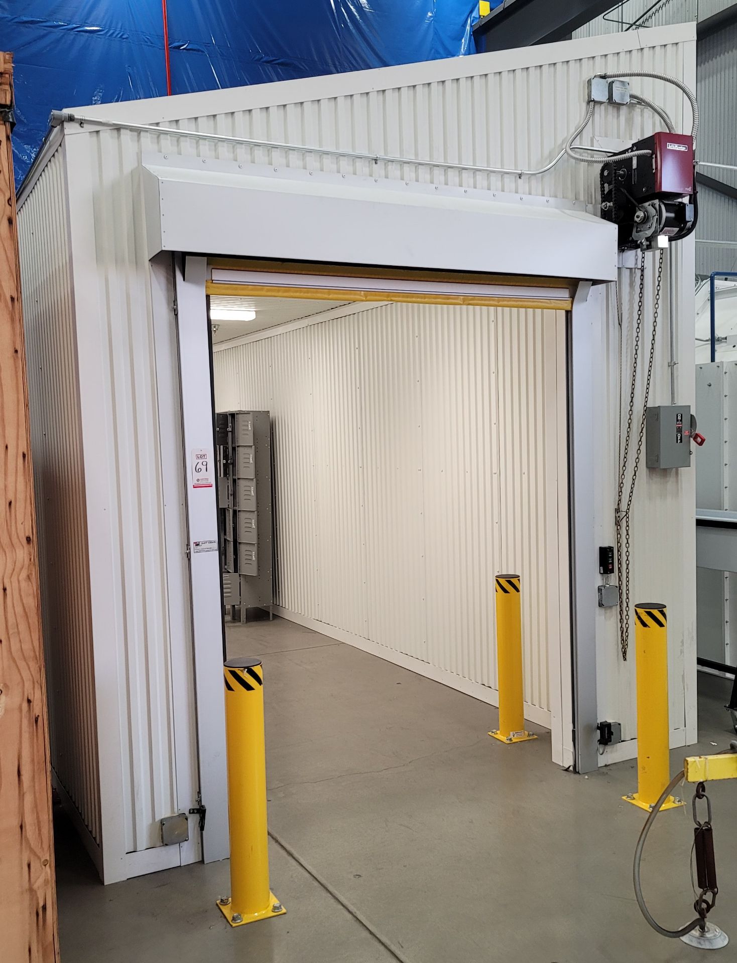 TMI SAVE-T SCREEN-PRO PASS-THRU ENCLOSURE, APPROX. 32' X 9', W/ (2) ELECTRIC ROLL UP DOORS AND (1)