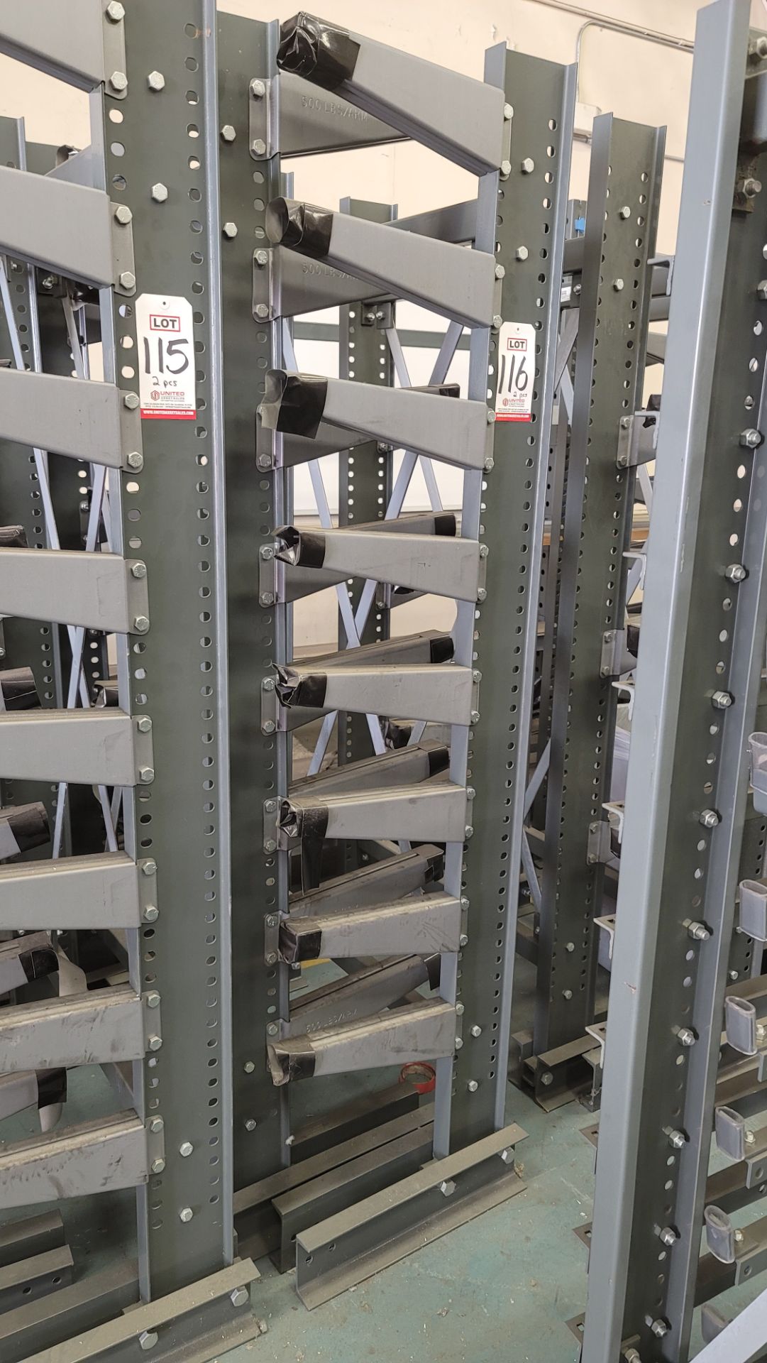 LOT - (2) 3' SECTIONS OF CANTILEVER MATERIAL RACKS, W/ 14" ARMS, 500 LB CAPACITY PER ARM, 84" HT (