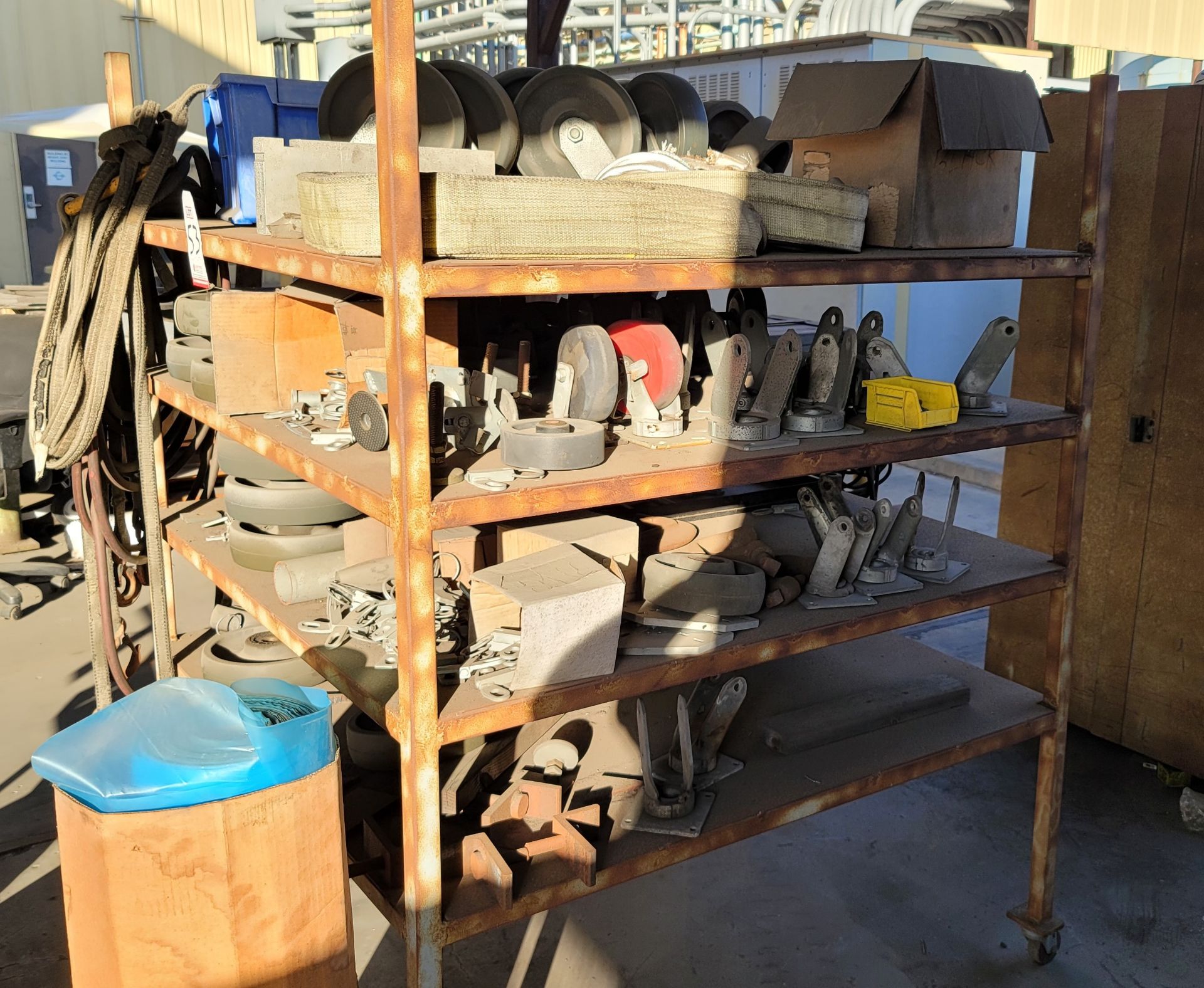 LOT - 55" X 55" X 60" TALL ROLLING SHELF UNIT, W/ CONTENTS: ASSORTED SIZES AND STYLES OF CASTERS ( - Image 2 of 3