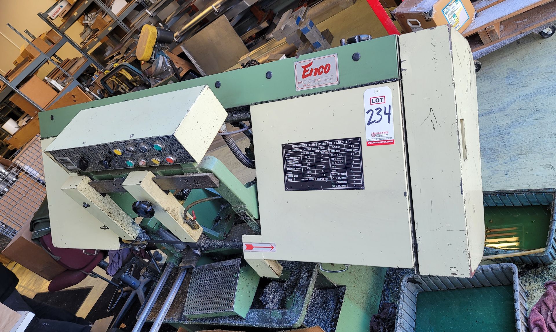 ENCO HORIZONTAL BAND SAW, MODEL 136-2720, S/N 12169, W/ 5' SECTION OF 12" ROLLER CONVEYOR