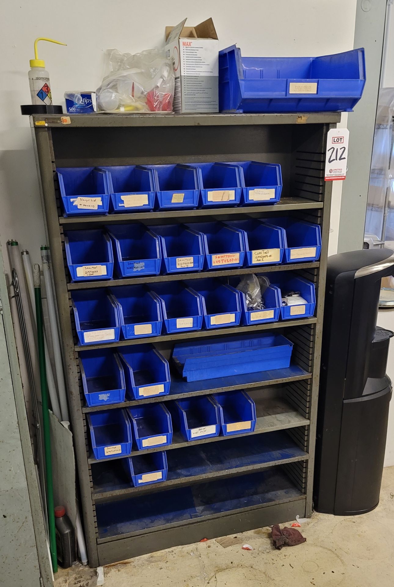 SHELF UNIT, 38" X 10" X 63", W/ PLASTIC BINS