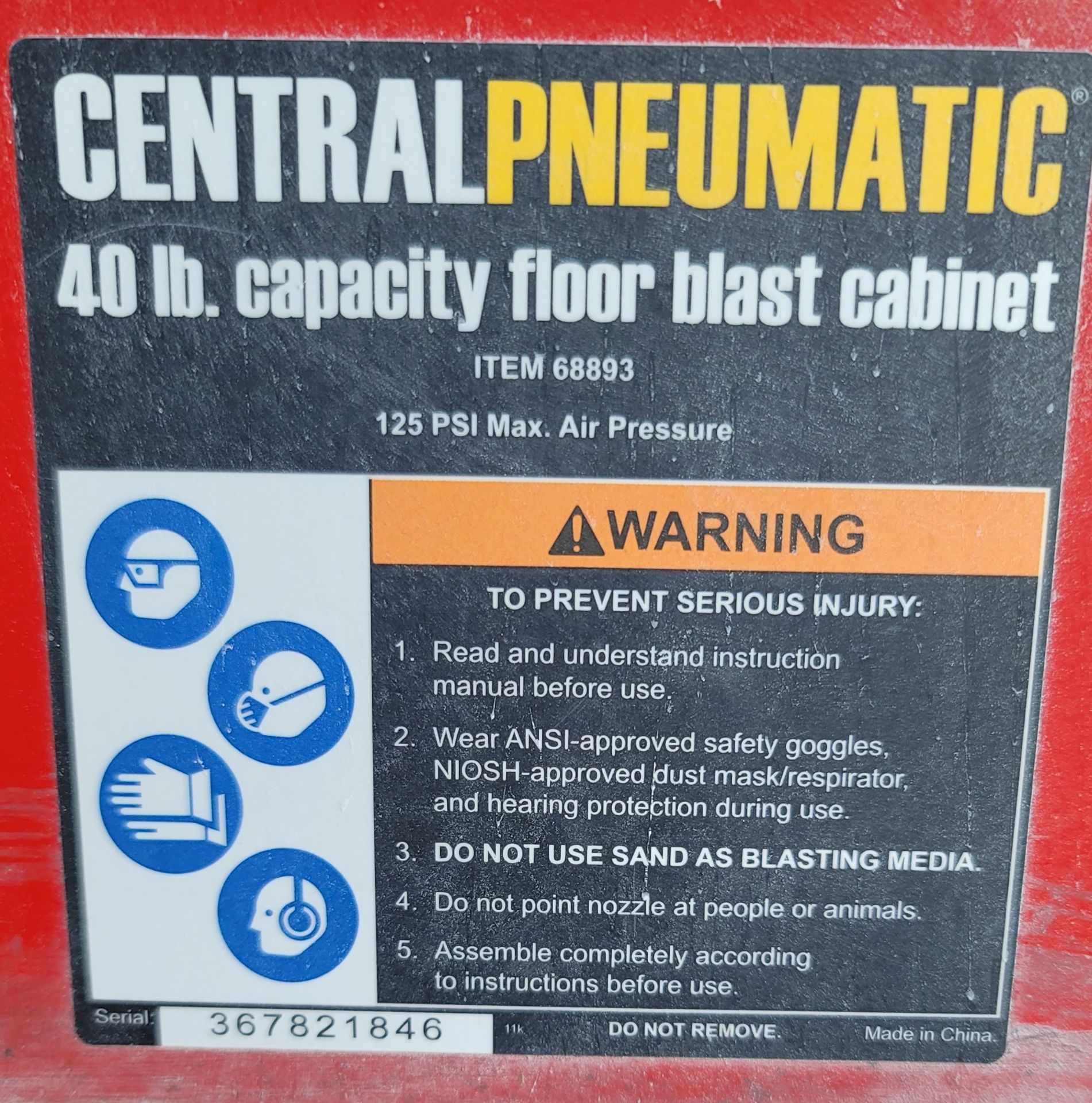 CENTRAL PNEUMATIC 40 LB CAPACITY FLOOR BLAST CABINET, ITEM 68893 - Image 2 of 2