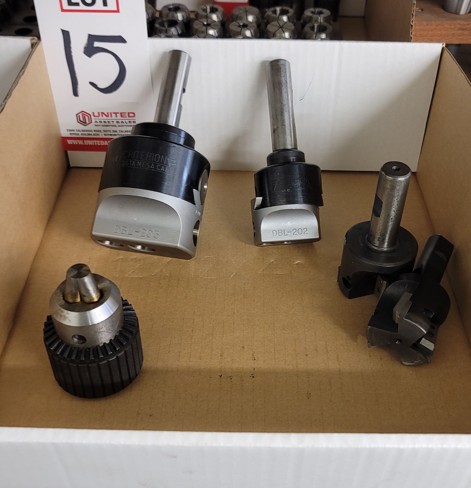 LOT - CRITERION DBL202 AND DBL203 BORING HEADS, FUJI 1/2" CHUCK AND (2) INSERTION CUTTING TOOLS