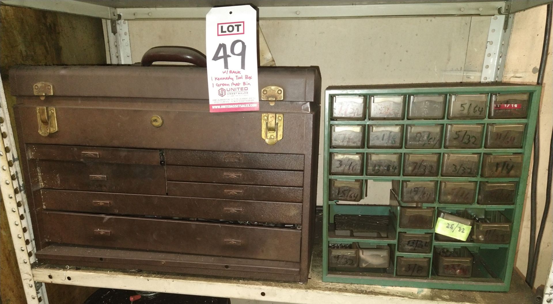 LOT - (1) KENNEDY TOOL BOX AND (1) GREEN PARTS BIN, BOTH W/ CONTENTS