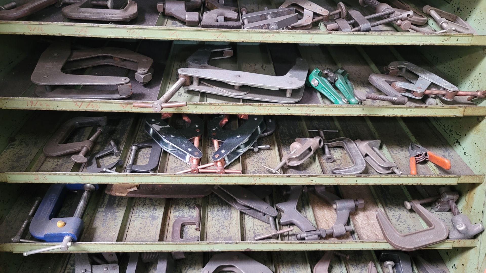 LOT - 2-DOOR STORAGE CABINET, W/ CONTENTS OF WELDING AND OTHER CLAMPS - Image 4 of 5