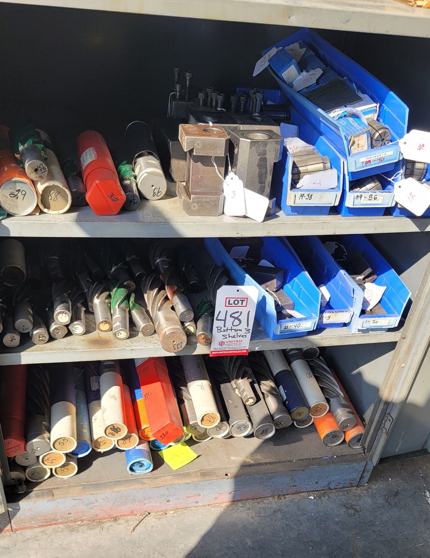 LOT - CONTENTS OF BOTTOM (3) CABINET SHELVES, TO INCLUDE: LARGE END MILLS, LATHE TOOL HOLDERS,