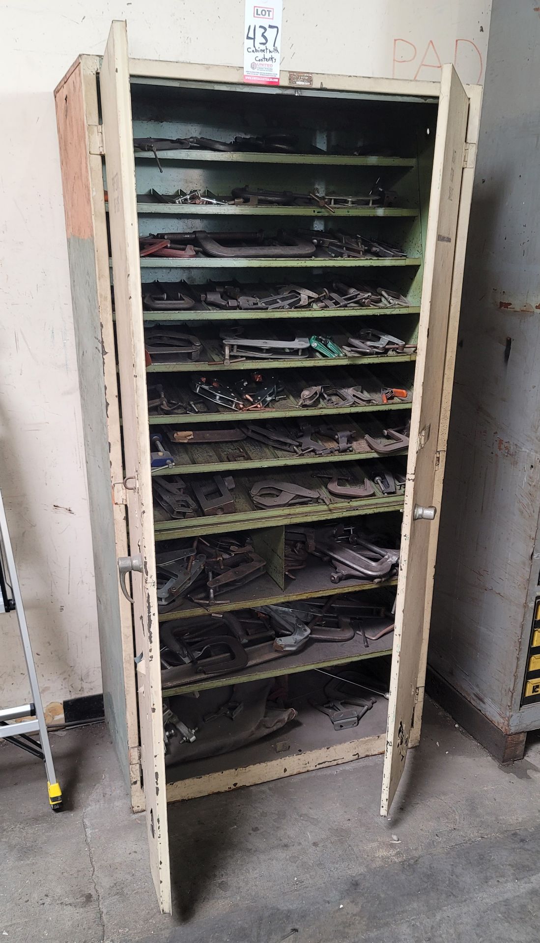 LOT - 2-DOOR STORAGE CABINET, W/ CONTENTS OF WELDING AND OTHER CLAMPS