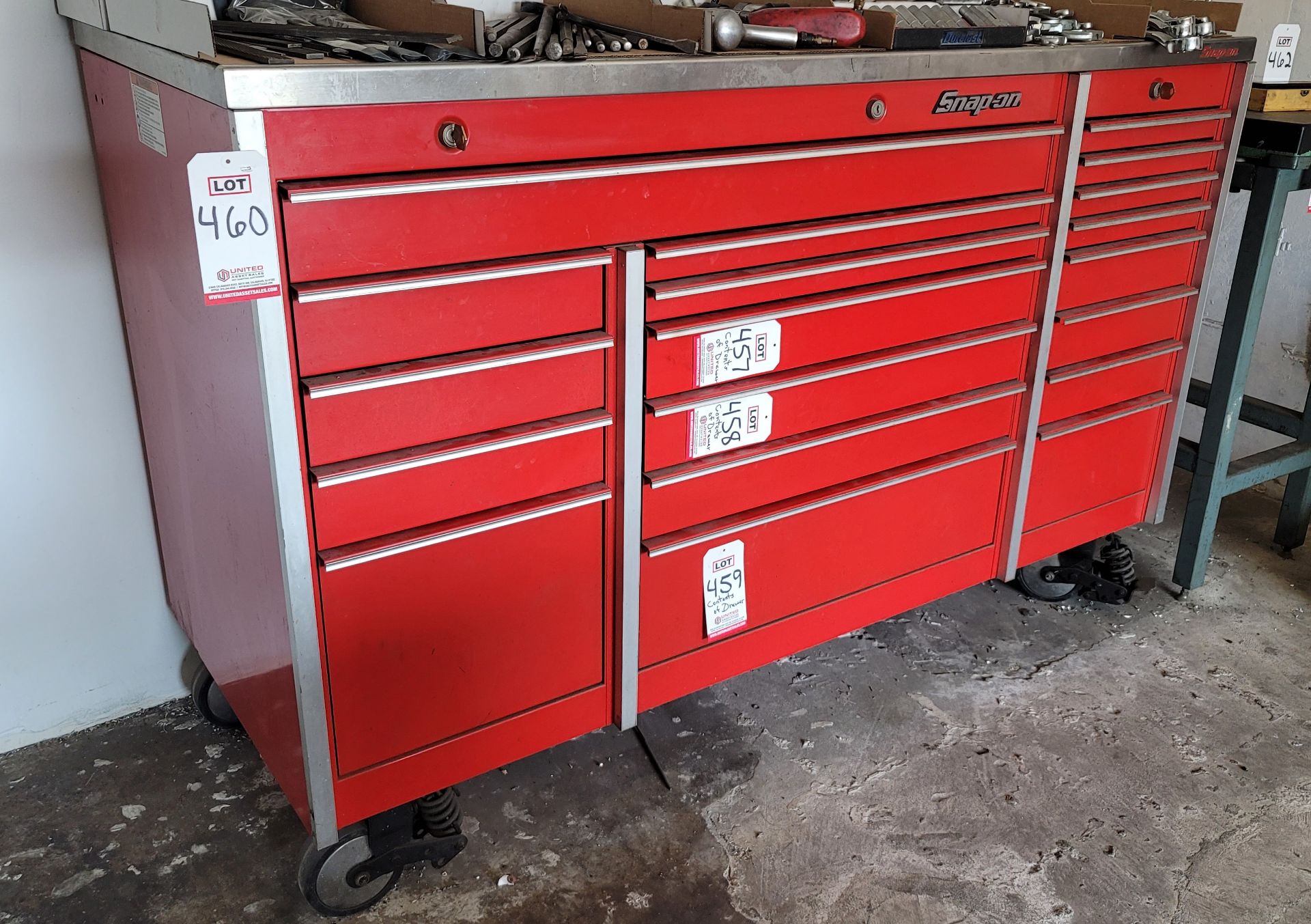 SNAP-ON 19-DRAWER ROLLING TOOL BOX, 73" X 29" X 49-1/2" WORKTOP HEIGHT, W/ (2) KEYS, CONTENTS NOT