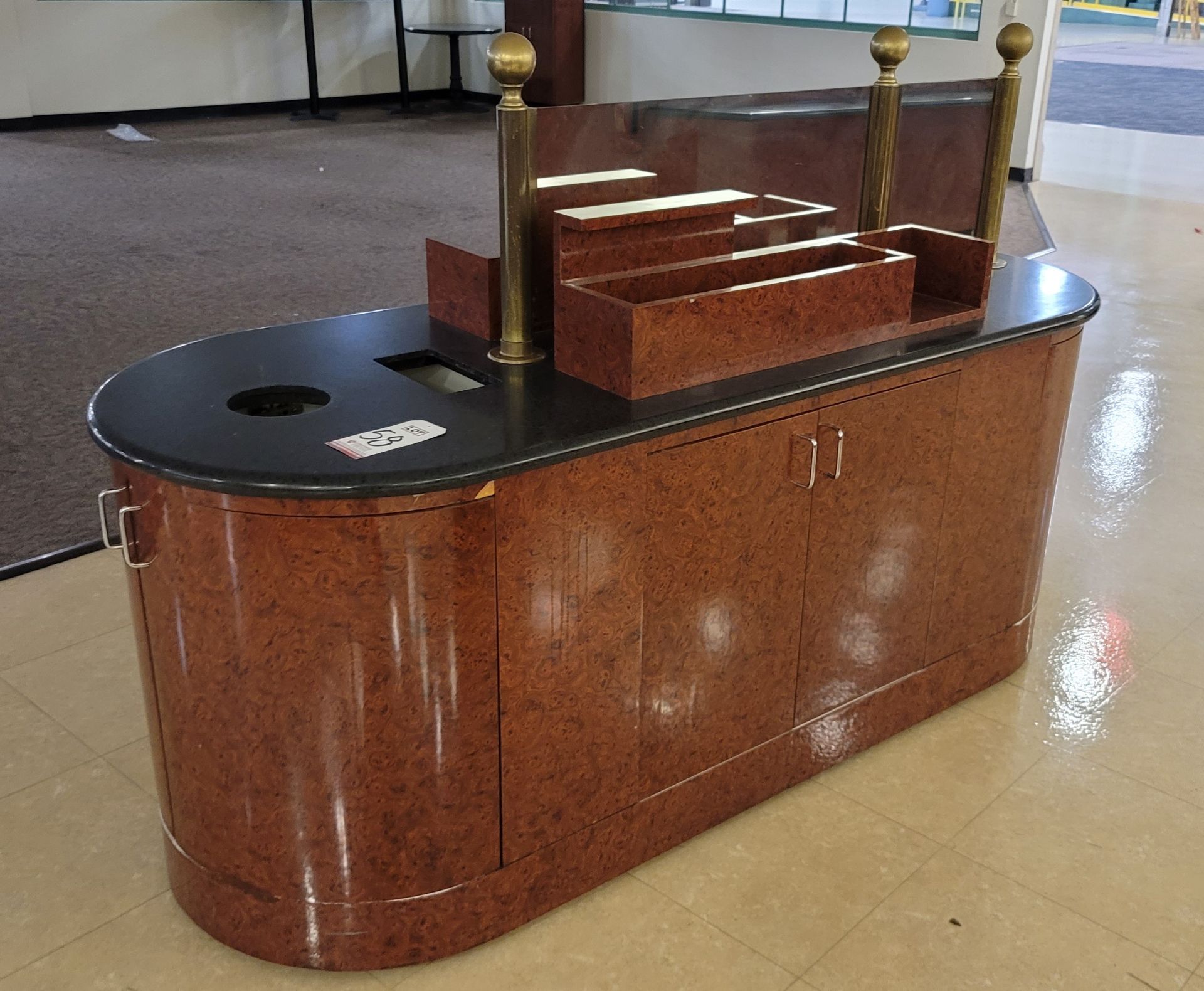 RESTAURANT CONDIMENT ISLAND W/ TRASH RECEPTACLE AND SUPPLY STORAGE, 7' X 32", 34" COUNTER HEIGHT