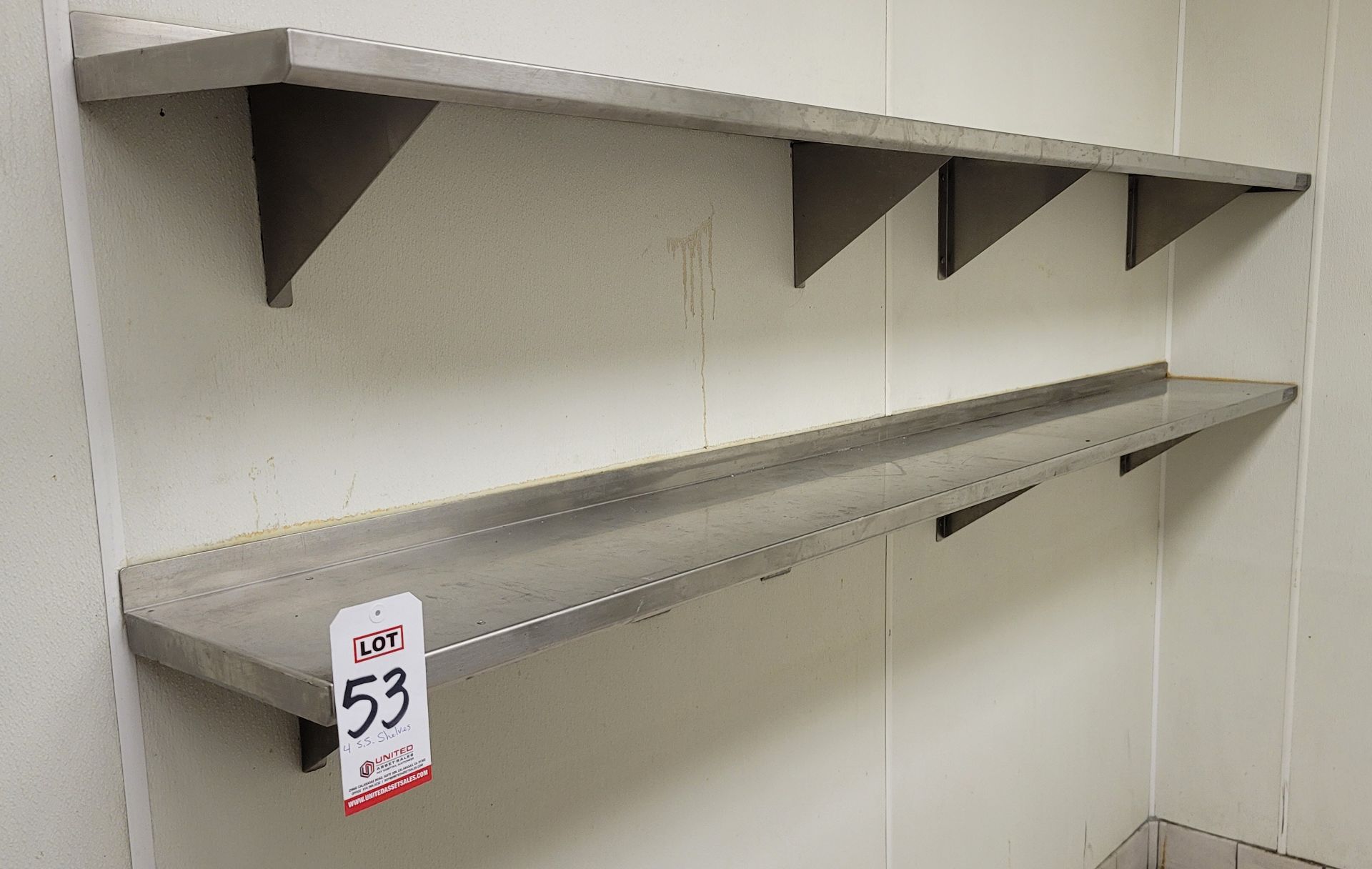 LOT - (4) STAINLESS STEEL SHELVES, 1' DEEP X 26 LINEAR FEET