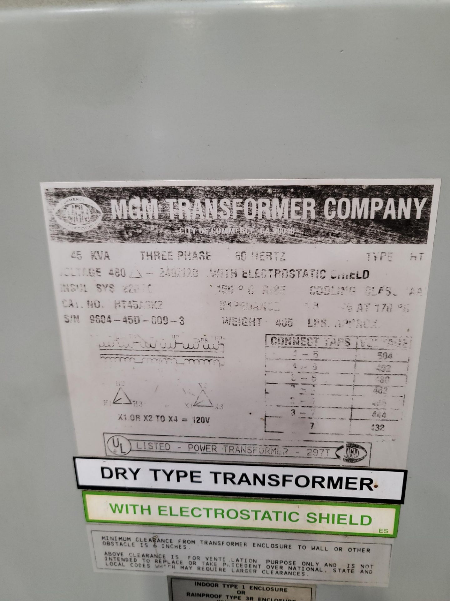 MGM DRY TYPE TRANSFORMER, 45 KVA, 3 PHASE, VOLTAGE: 480-240/120 - Image 2 of 2