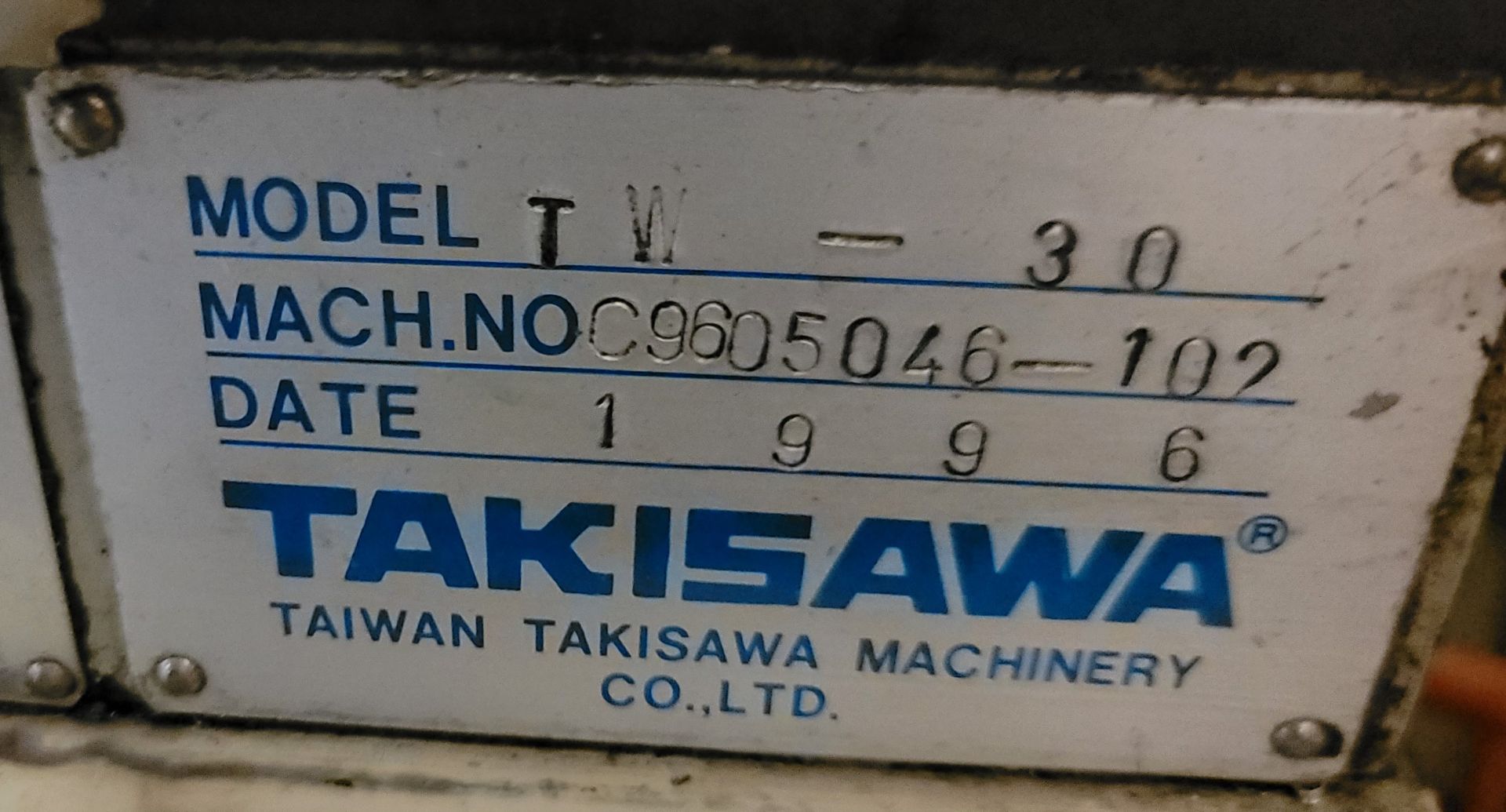 1996 TAKISAWA CNC LATHE, MODEL TW-30, FANUC CONTROL, 10" CHUCK, TAILSTOCK, 10-STATION, S/N - Image 6 of 6