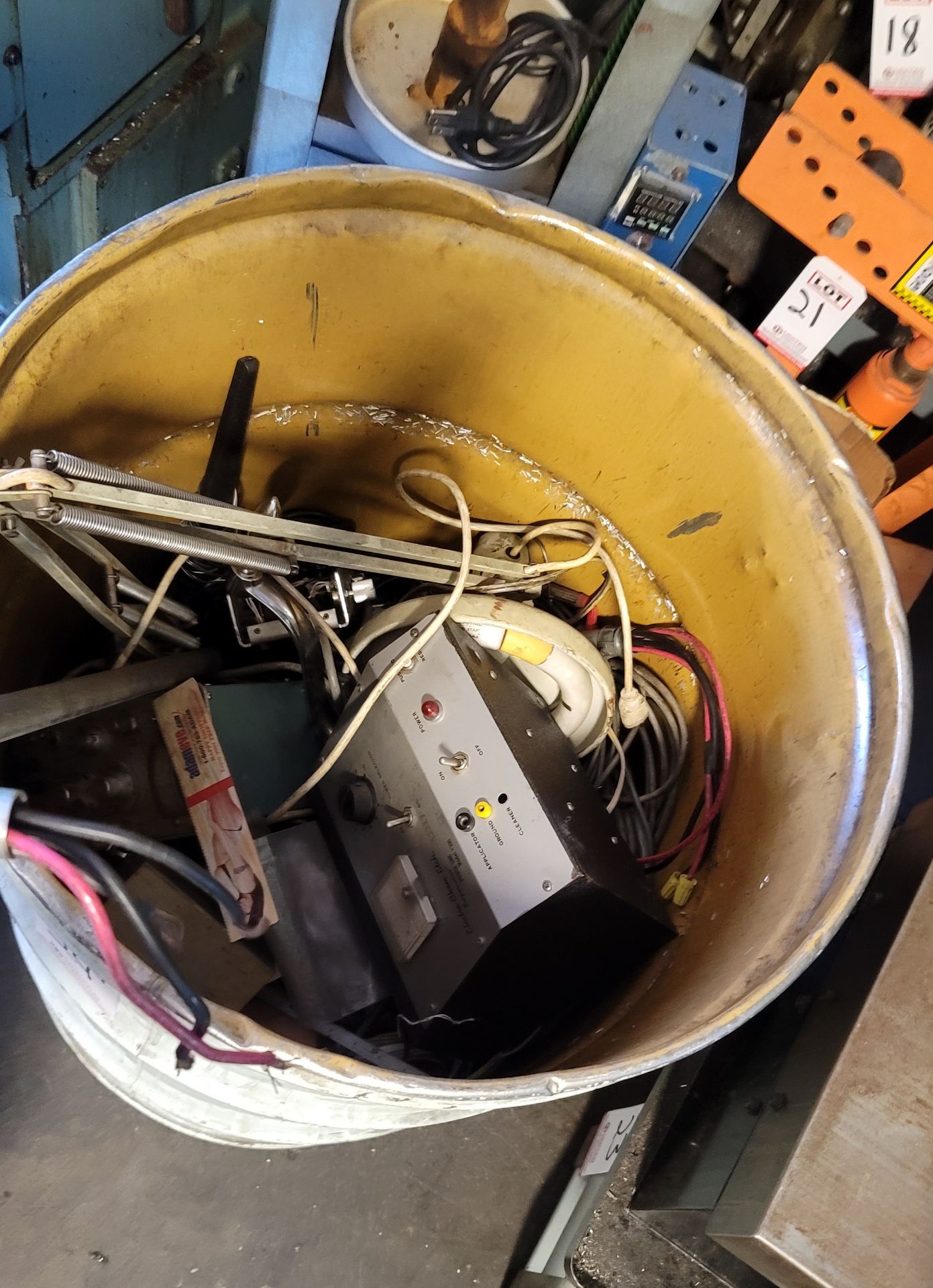 LOT - STEEL DRUM FULL OF MISC ELECTRONICS, WIRE, ETC.