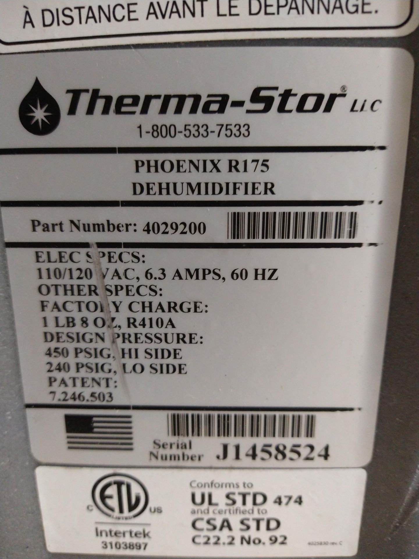 THERMA-STOR PHOENIX R175 DEHUMIDIFIER, NEEDS REPAIR (LOCATION: ORANGE, CA) - Image 3 of 3