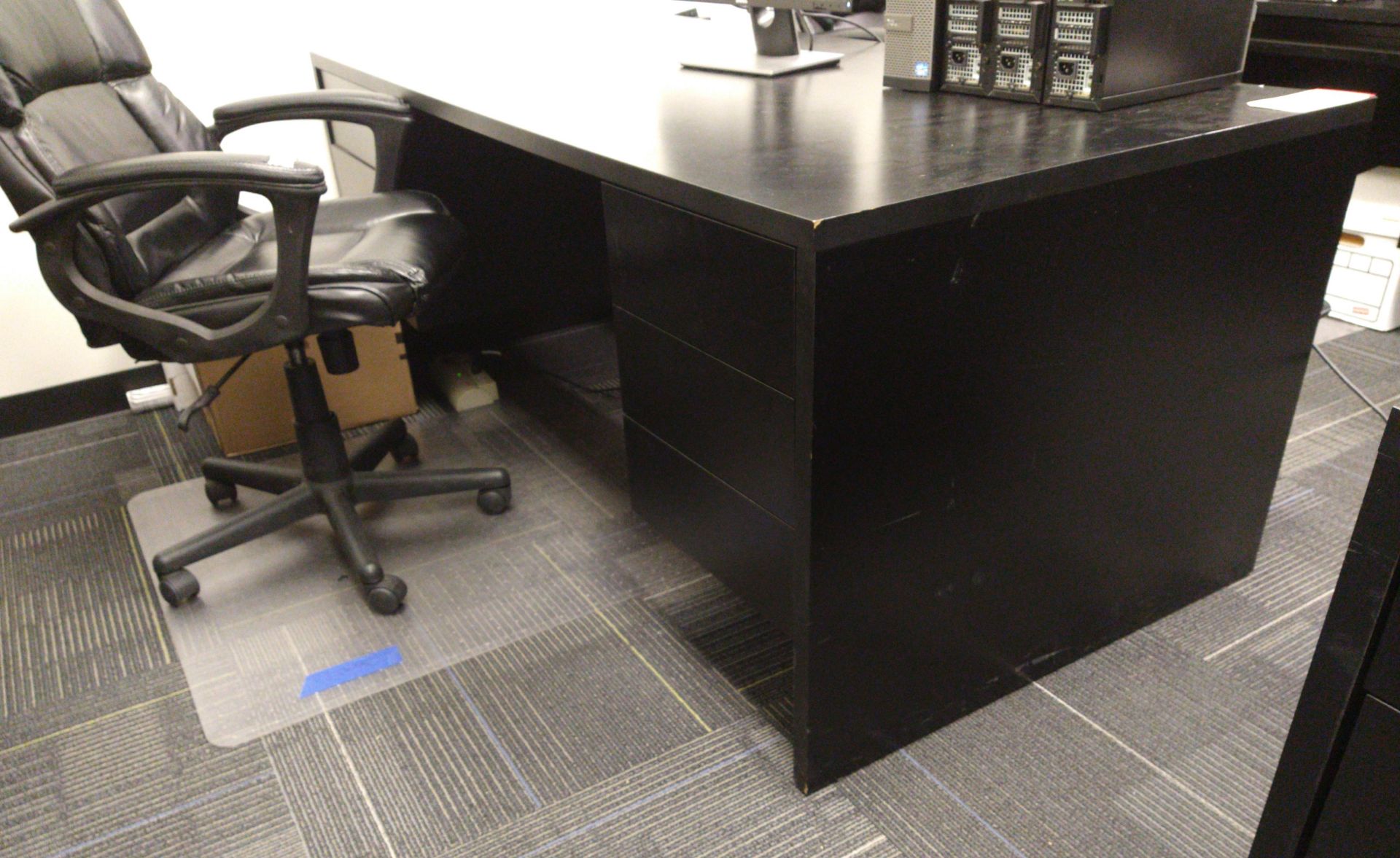 LOT - BLACK DESK, CREDENZA AND CHAIR (LOCATION: ORANGE, CA)