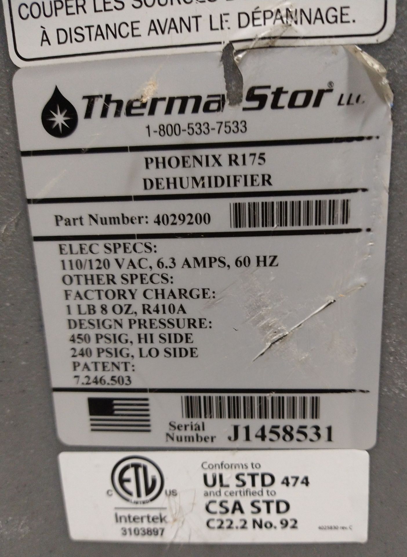 THERMA-STOR PHOENIX R175 DEHUMIDIFIER, NEEDS REPAIR (LOCATION: ORANGE, CA) - Image 3 of 3