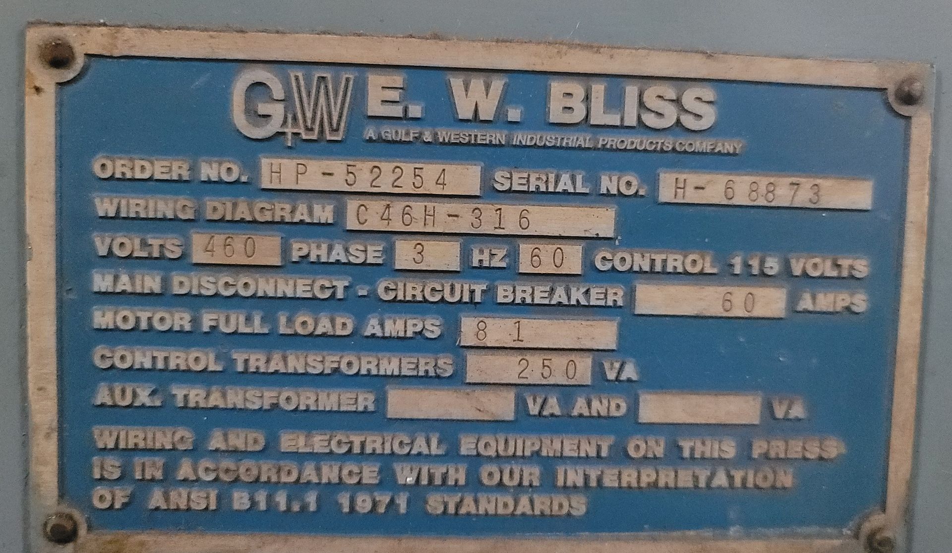 1979 BLISS C-60 OBI 60-TON PUNCH PRESS,STROKE: 6”, ADJUSTMENT: 3", SHUT HEIGHT SDAU: 12.25" - Image 8 of 8