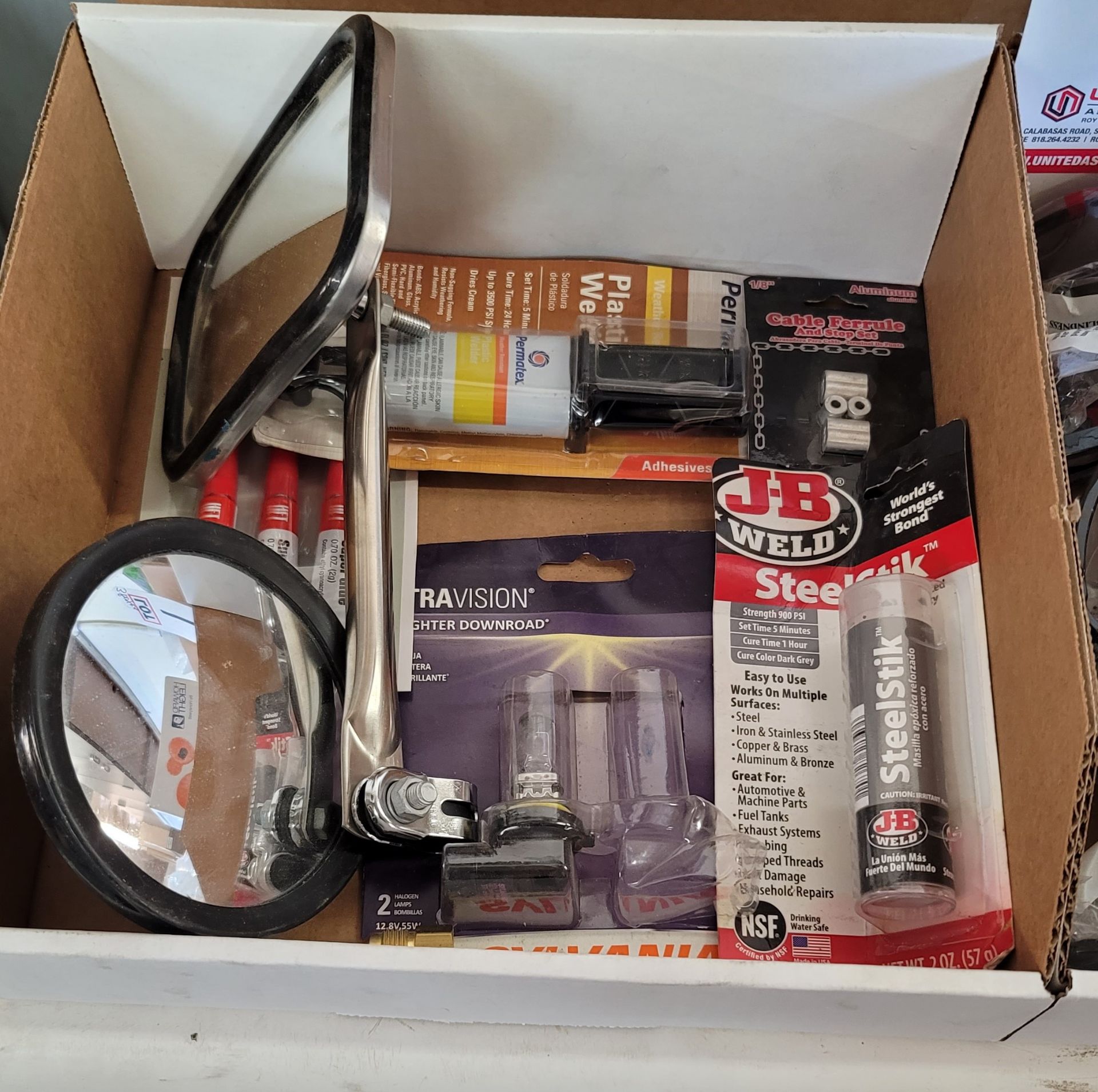 LOT - (3) BOXES OF MISC ITEMS, TO INCLUDE: REAR VIEW MIRRORS, ADHESIVES, SAFETY GLASSES, EAR - Image 2 of 4