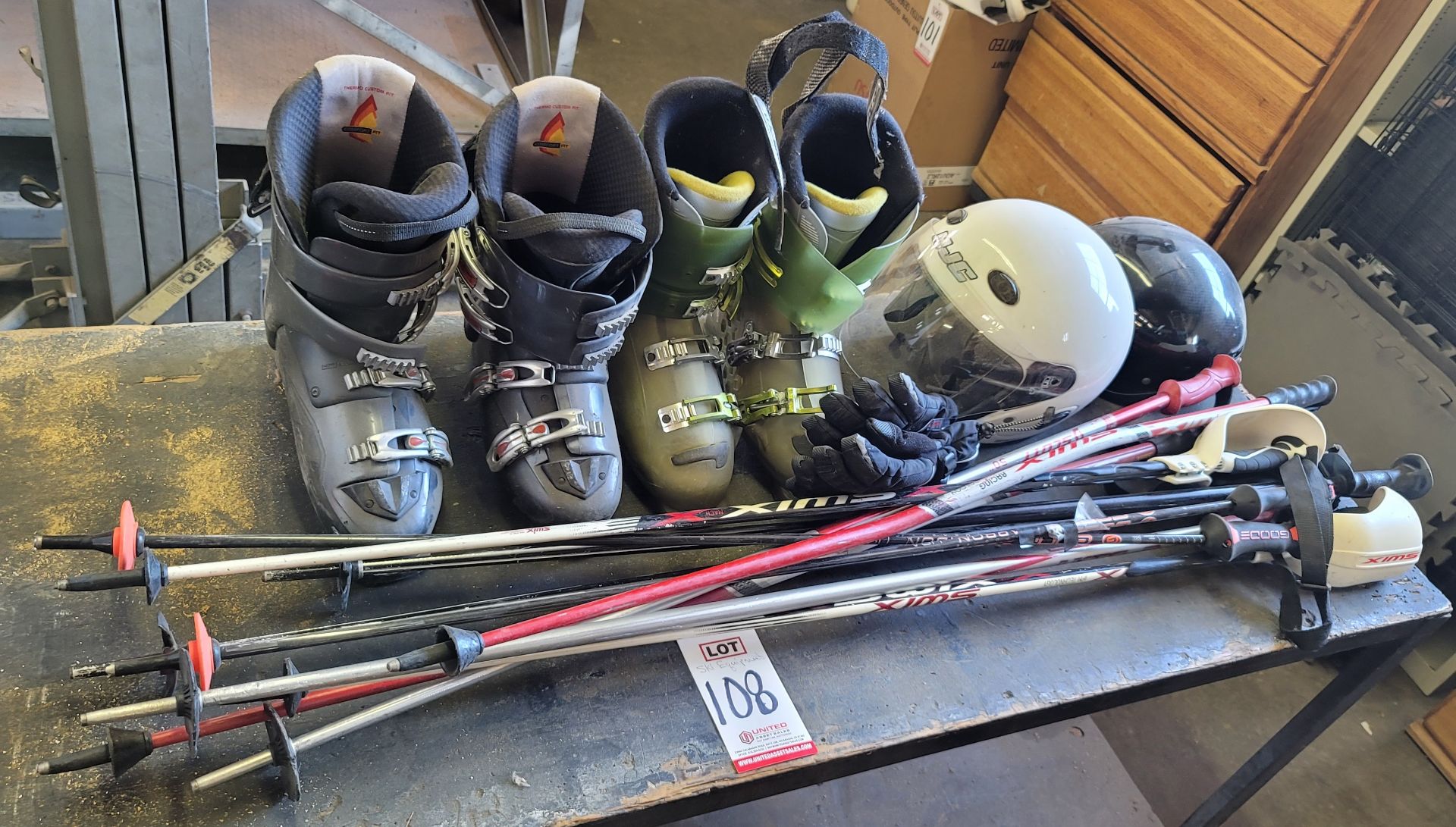 LOT - ASSORTED SKI BOOTS & POLES AND (2) MOTORCYCLE HELMETS