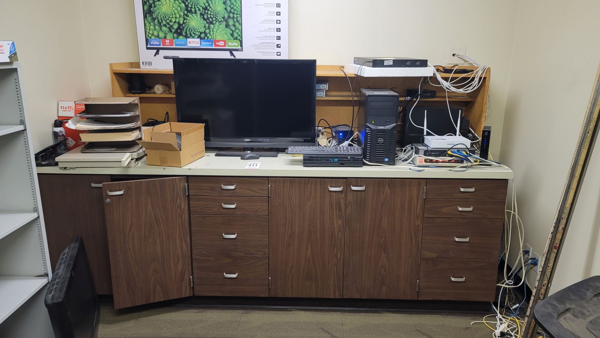 LOT - CONTENTS OF ROOM: 8' BASE CABINET, BOOKSHELF, OFFICE SUPPLIES IN CABINET, ETC. (ELECTRONICS - Image 2 of 6