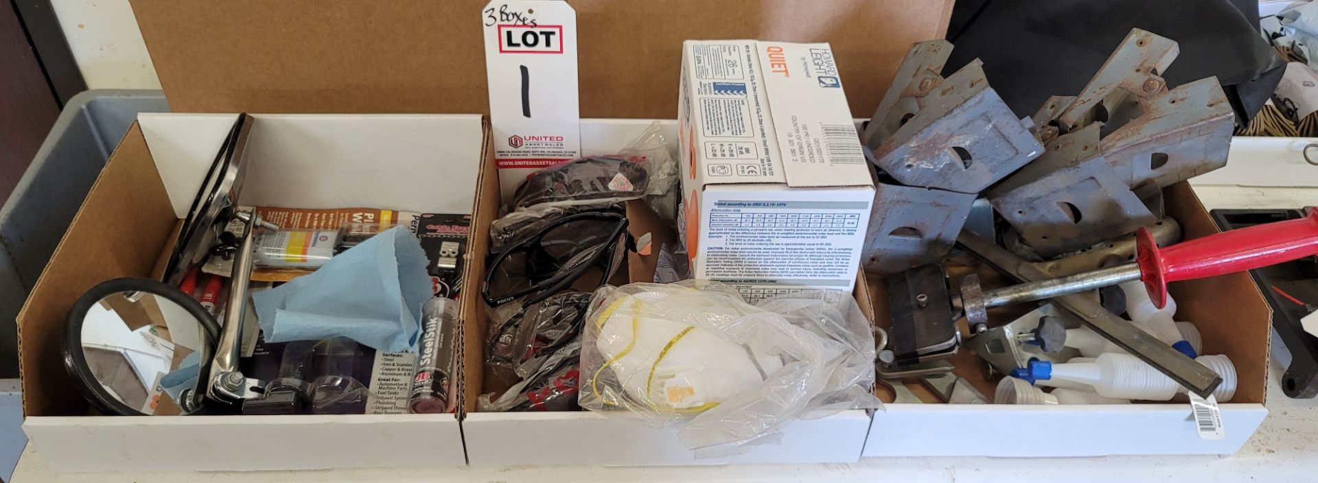 LOT - (3) BOXES OF MISC ITEMS, TO INCLUDE: REAR VIEW MIRRORS, ADHESIVES, SAFETY GLASSES, EAR