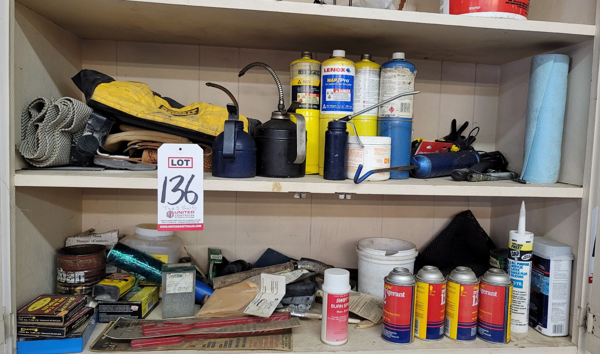 LOT - CONTENTS OF TOP (3) SHELVES OF CABINET: OIL CAN OILERS, MAP & BUTANE GAS, GREASE GUN, MISC