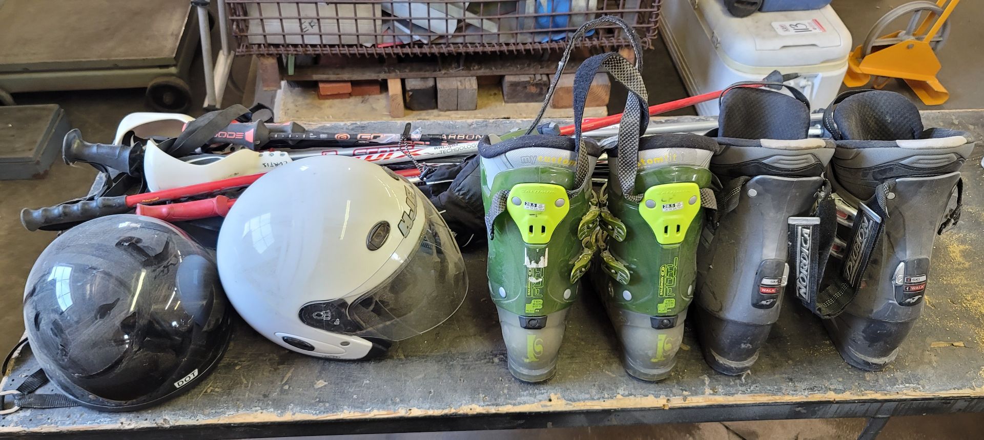 LOT - ASSORTED SKI BOOTS & POLES AND (2) MOTORCYCLE HELMETS - Image 2 of 2