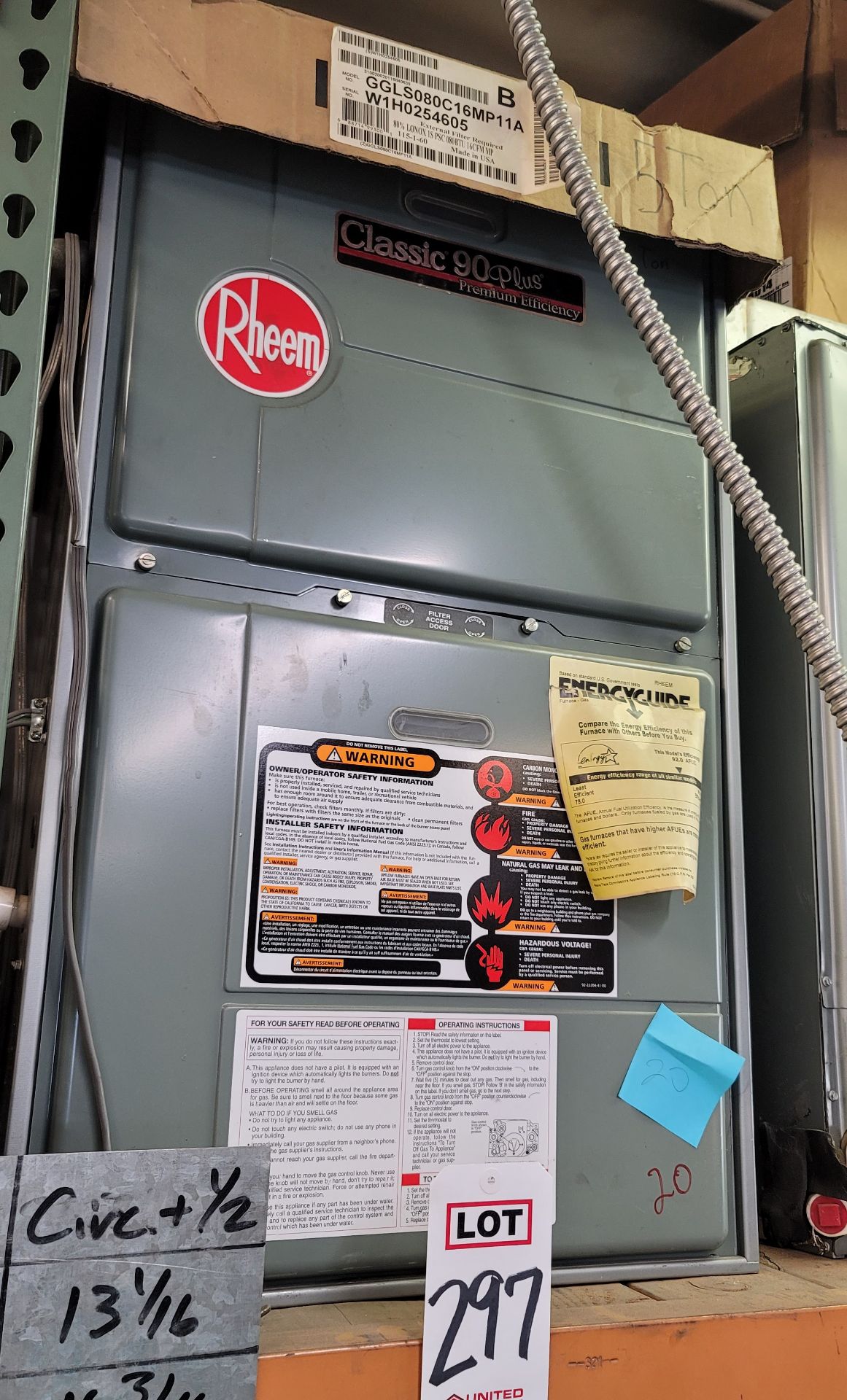 2006 RHEEM CLASSIC 90 PLUS PREMIUM EFFICIENCY NATURAL GAS FORCED AIR FURNACE, 105,000 BTU, MODEL