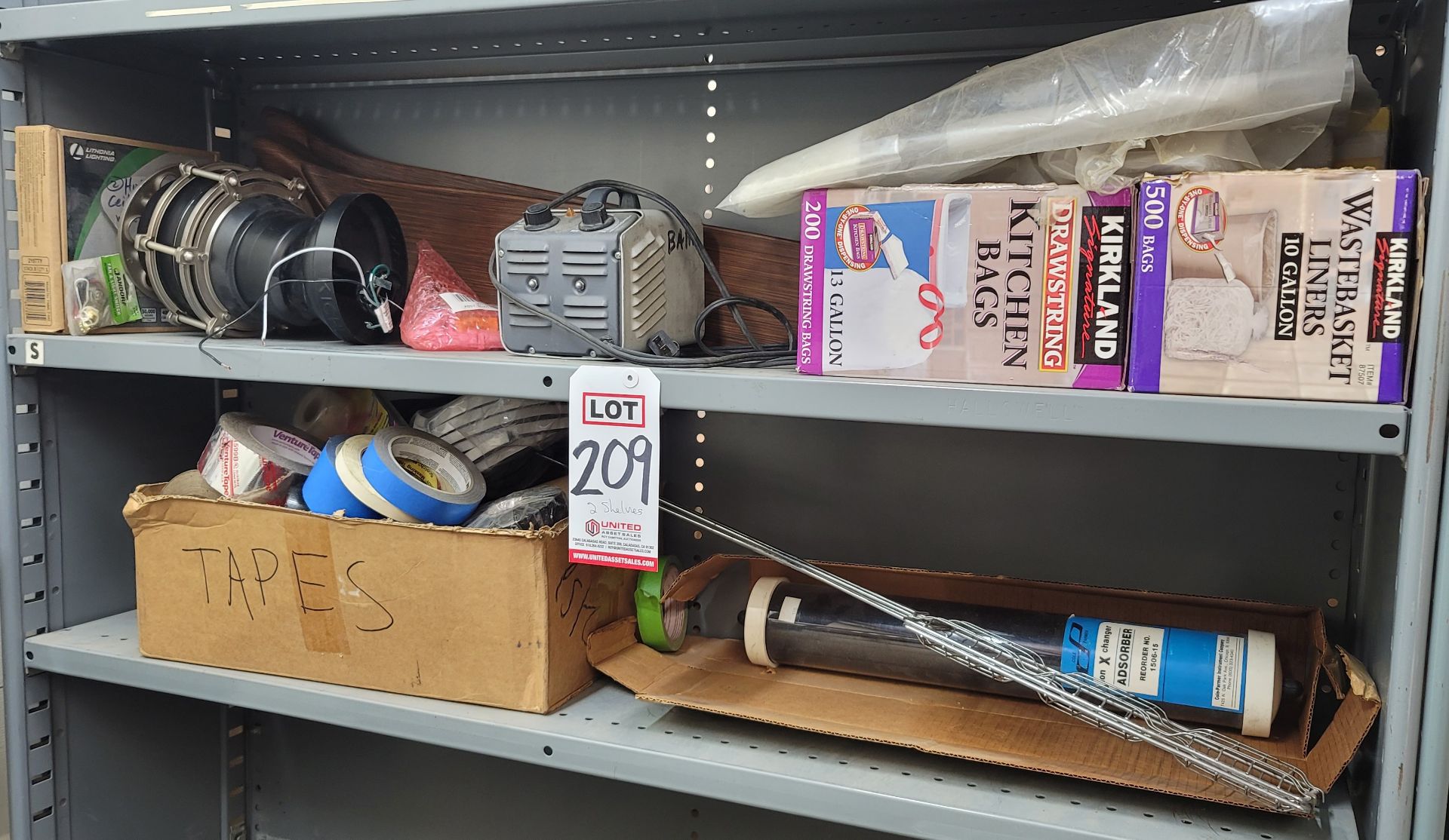 LOT - MISC SHOP ITEMS: CEILING FAN MOTOR & PARTS, BOX OF MIXED ROLLS OF ADHESIVE TAPE, ETC.