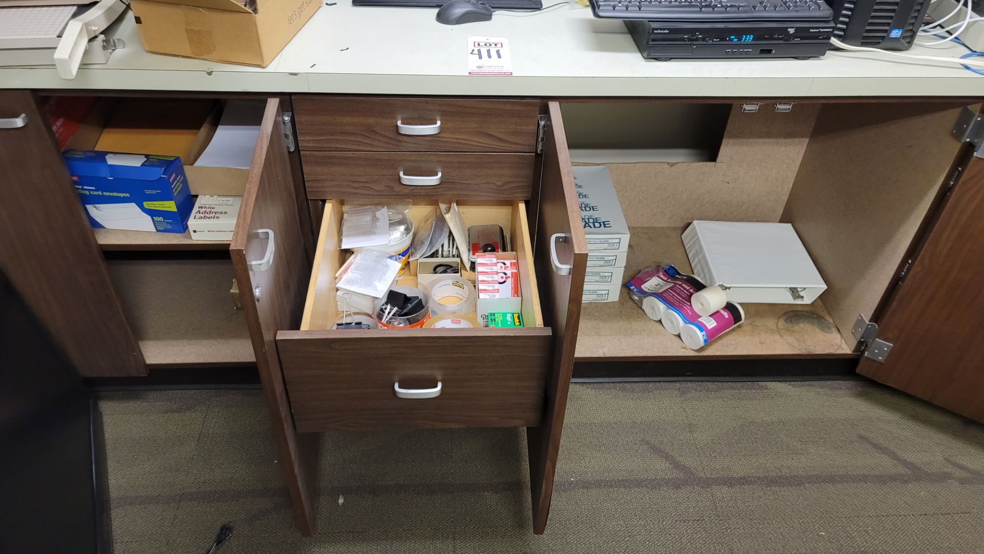 LOT - CONTENTS OF ROOM: 8' BASE CABINET, BOOKSHELF, OFFICE SUPPLIES IN CABINET, ETC. (ELECTRONICS - Image 3 of 6