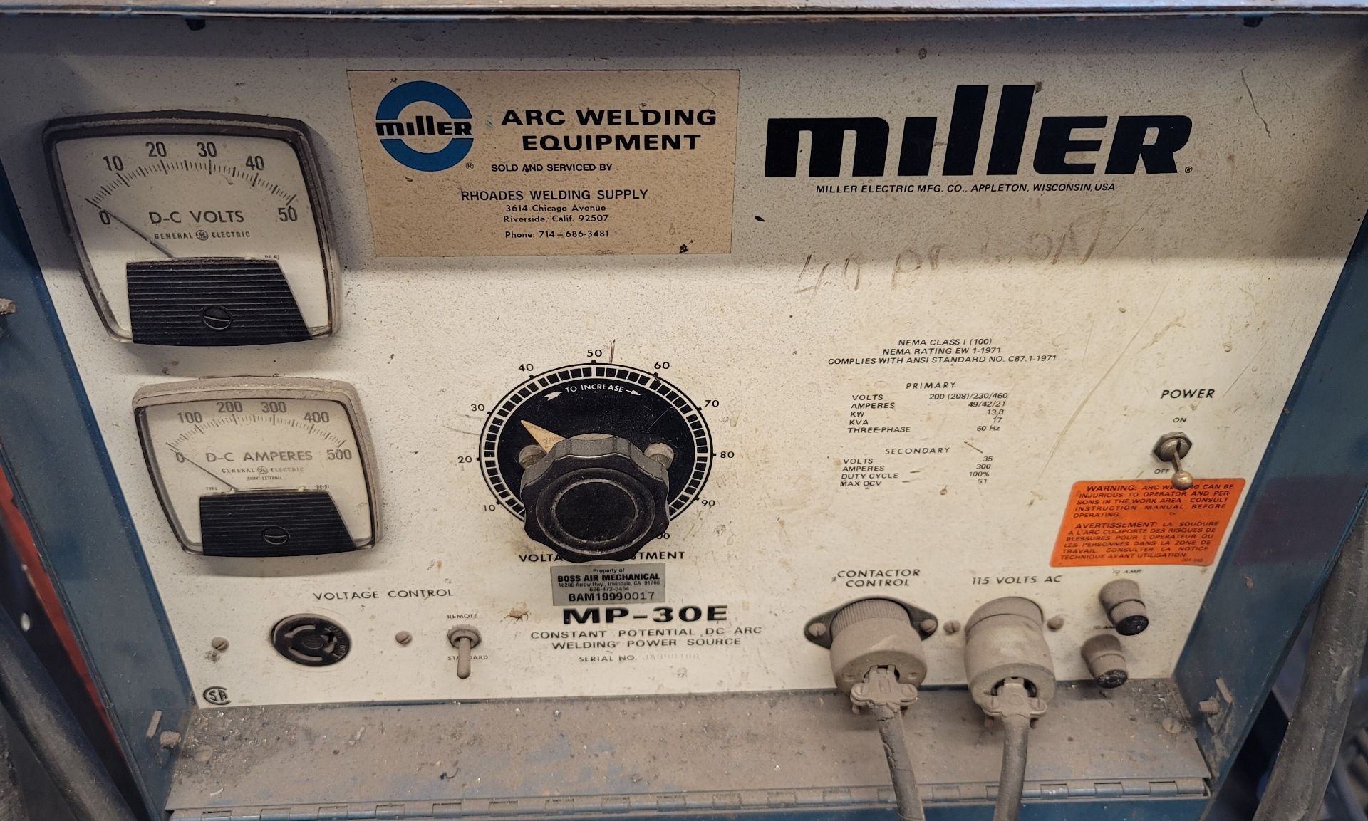 MILLER MP-30E WIRE WELDER, S/N JA399490, W/ MILLERMATIC 30E WIRE FEED, ON CASTERS, W/ TANK - Image 2 of 2