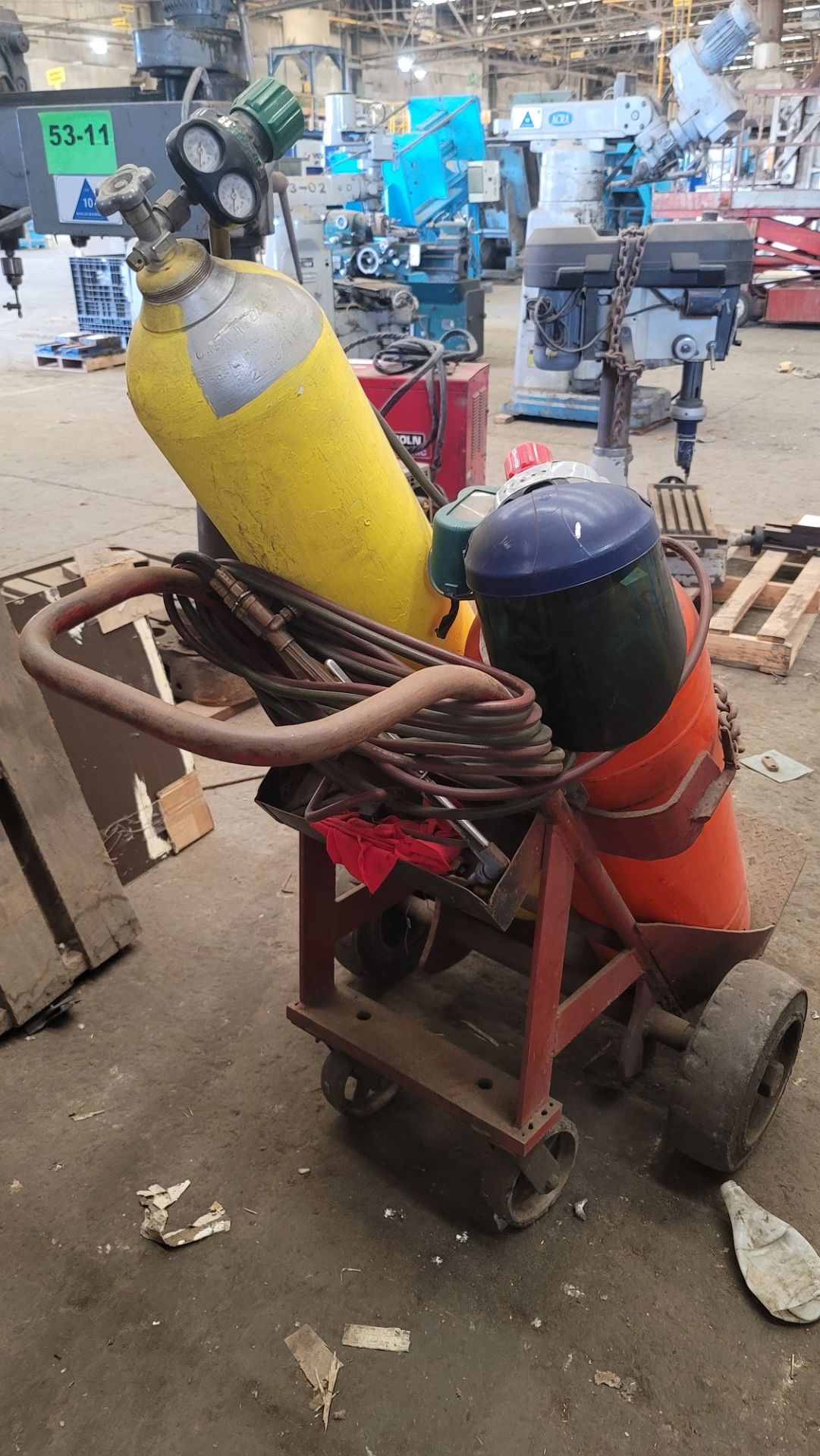 OXY ACETYLENE TORCH SET UP, W/ TANKS, GAUGES, HOSES, CUTTING TORCH, SHIELD AND CART - Image 2 of 2