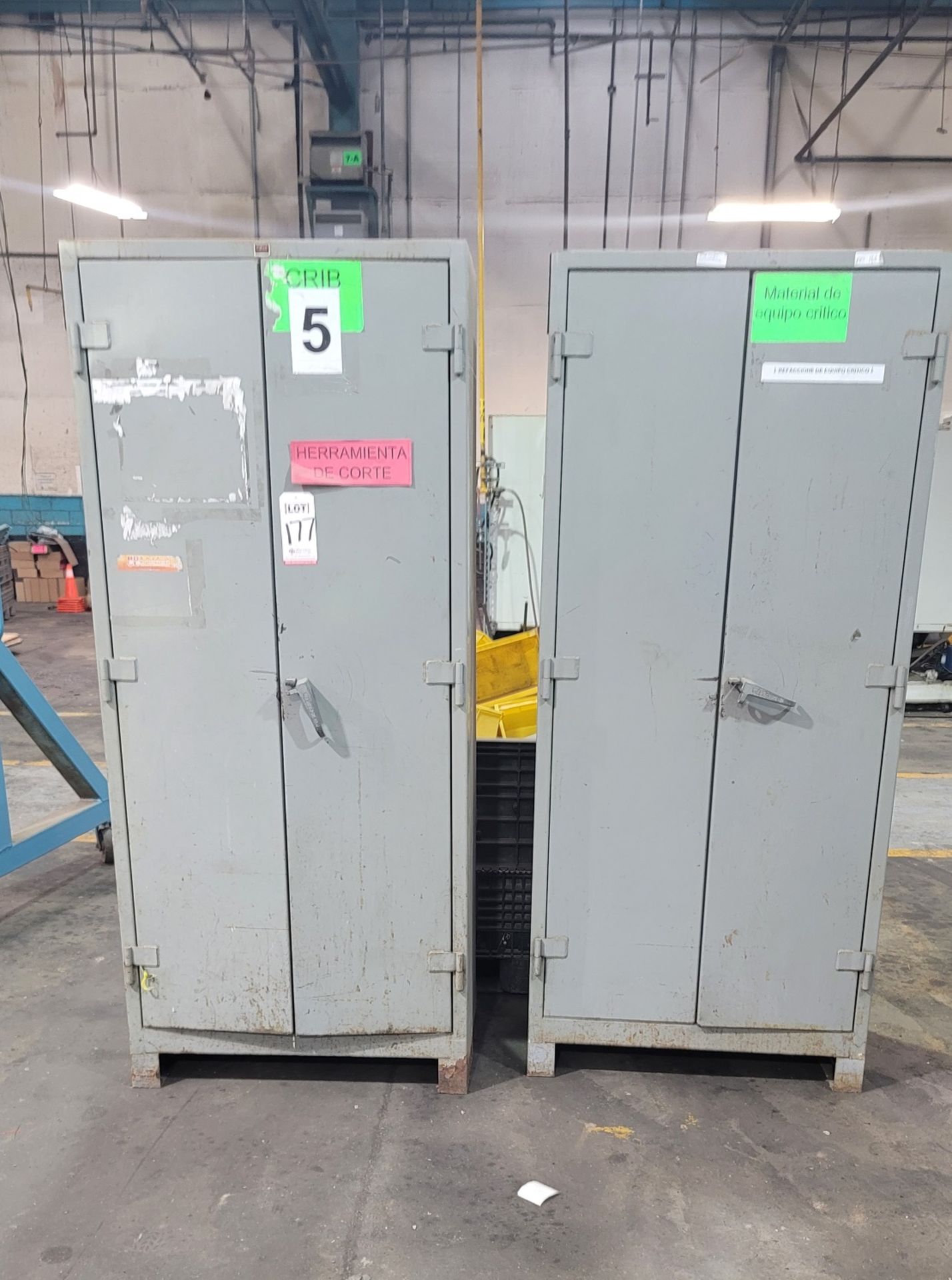 LOT - (2) STORAGE CABINETS W/ BIN HANGING WALLS, INCLUDES CRATE OF BINS