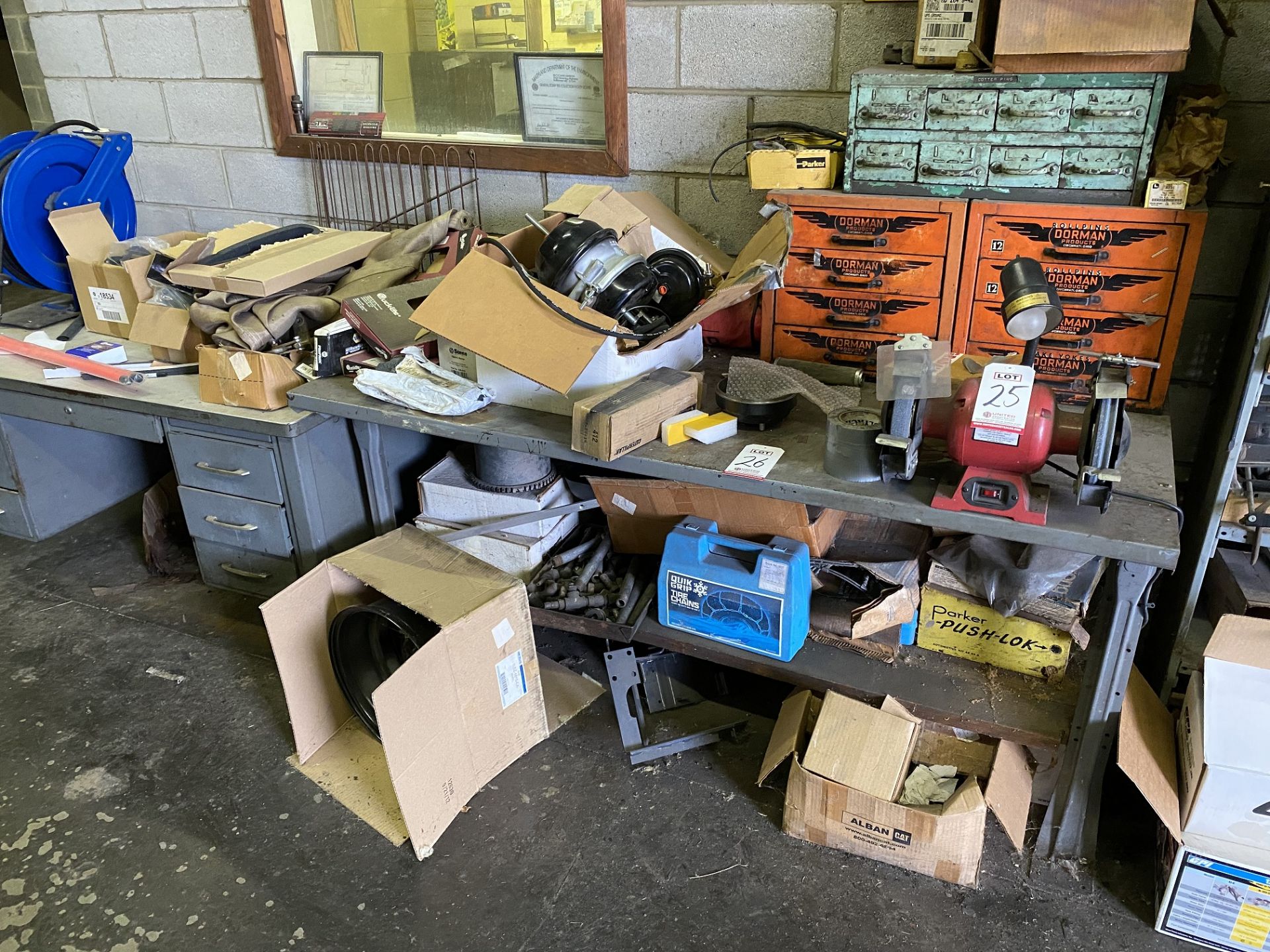 LOT - TABLE, DESK AND CONTENTS, EXCLUDING DOUBLE END GRINDER (LOCATION: AS)