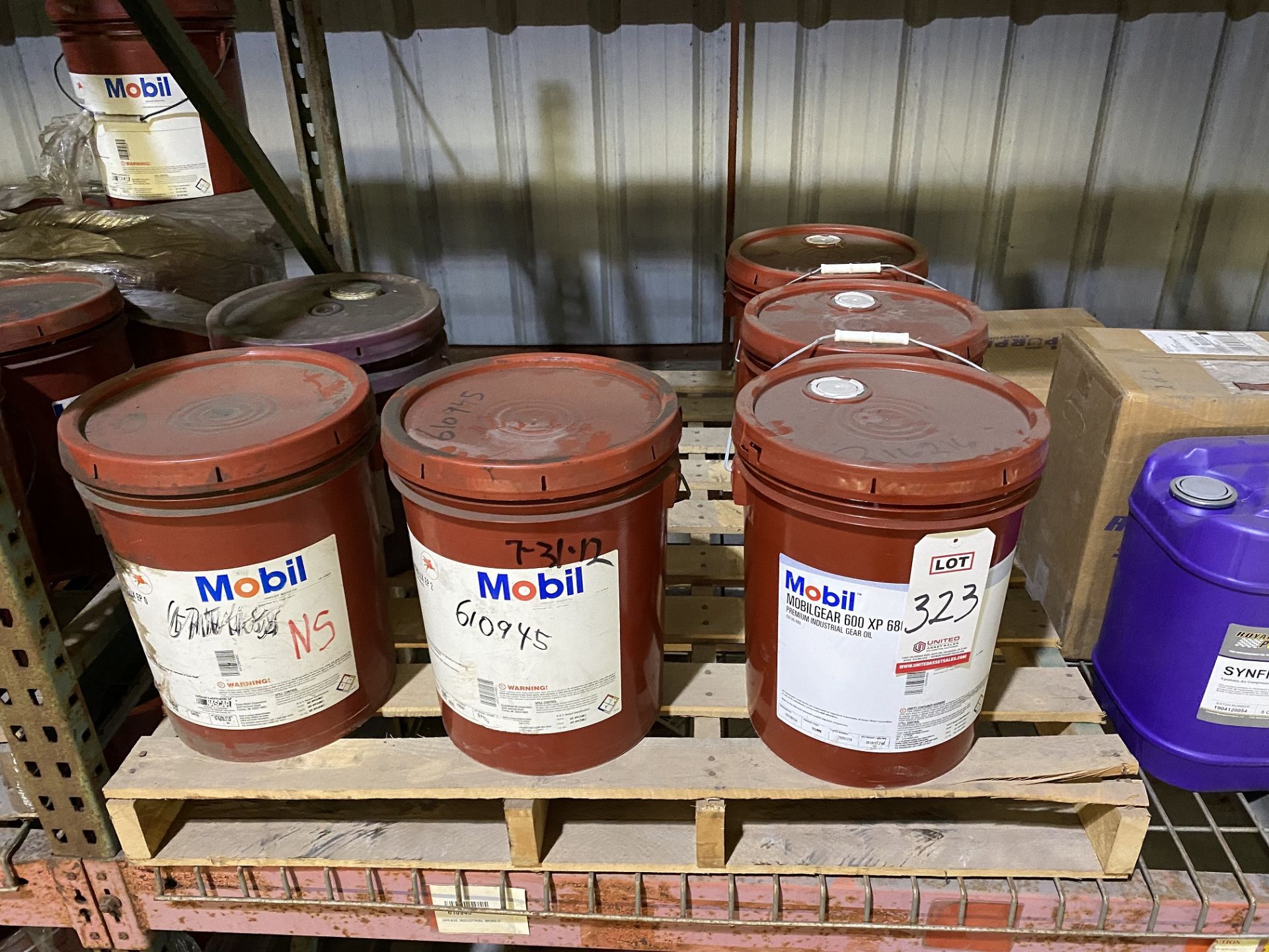 LOT - (6) 5-GALLON BUCKETS OF ASSORTED MOBIL GREASE AND OIL (LOCATION: SR)