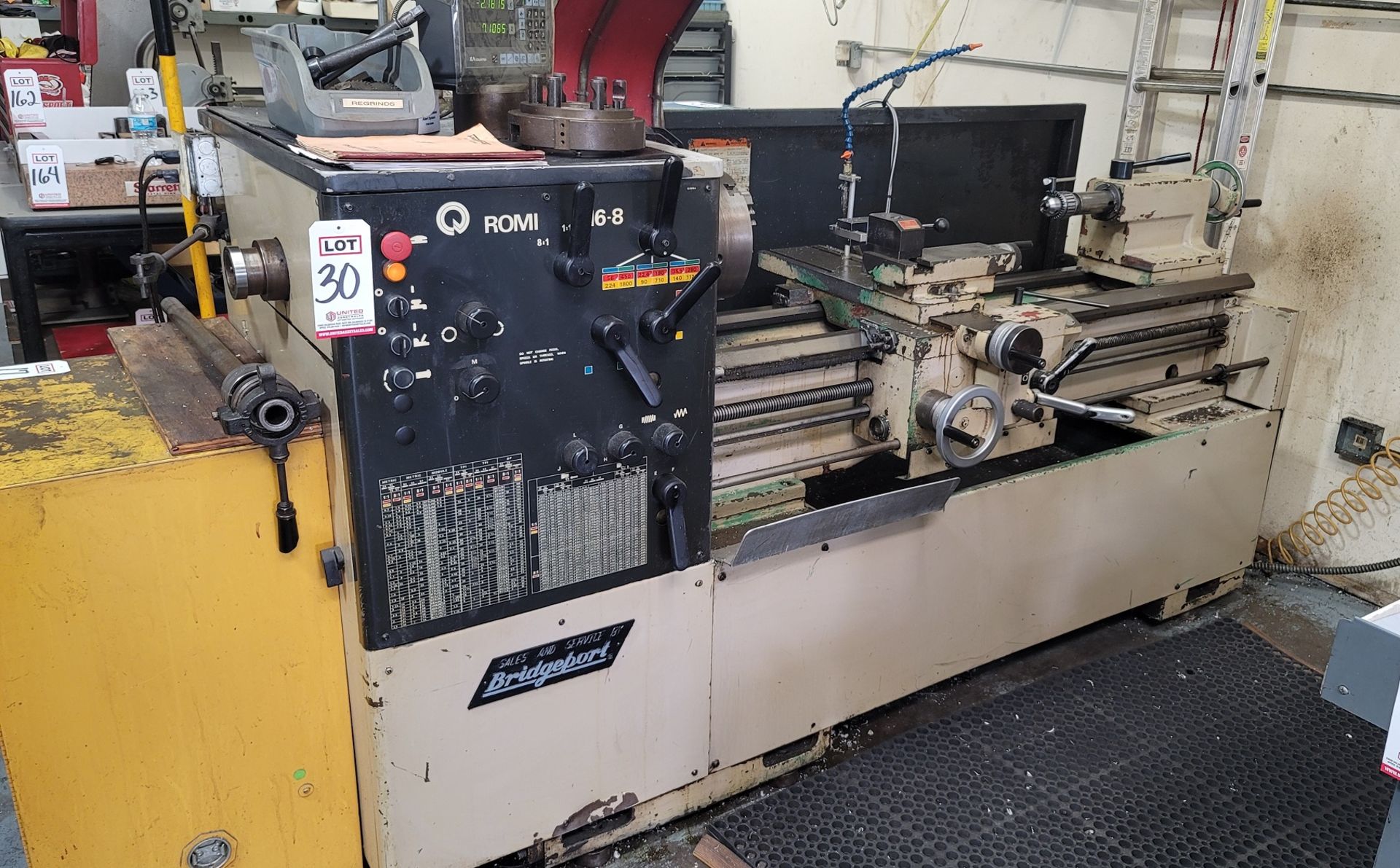 BRIDGEPORT-ROMI 16-8 ENGINE LATHE, 16" SWING, 60" CENTERS, MITUTOYO KA-12 COUNTER 2-AXIS DRO,