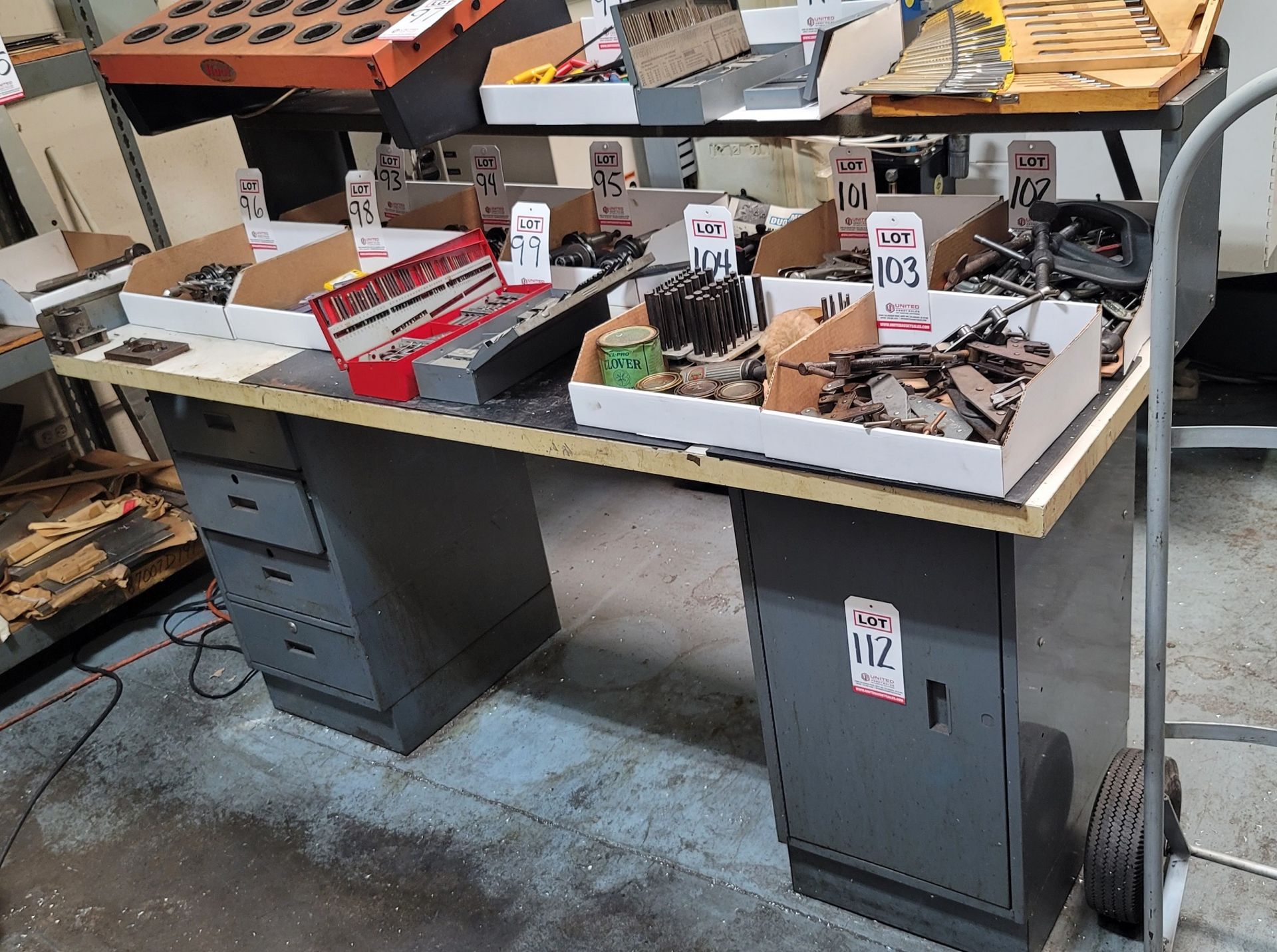 WORKBENCH, 6' X 30" WOOD TOP, W/ BACK SHELF, DRAWER BANK AND SINGLE DOOR STORAGE, CONTENTS NOT