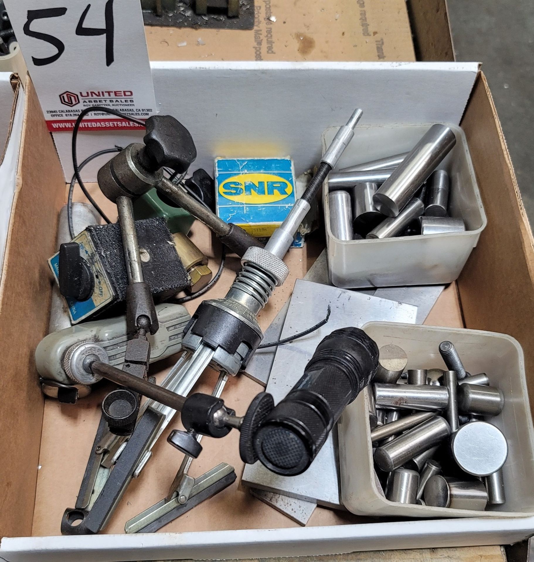 LOT - MISC SHOP ITEMS: CYLINDER HONE, (2) INDICATOR STANDS, (2) BEARINGS, ETC.