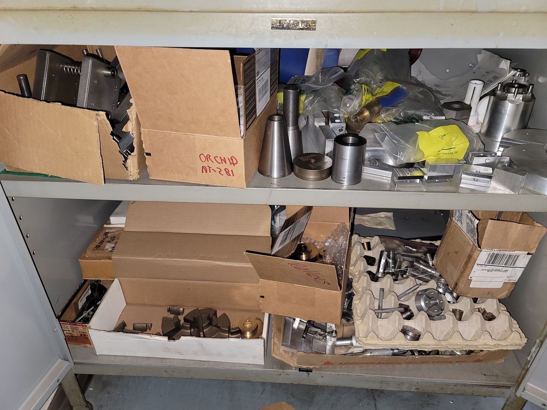 LOT - LYON 2-DOOR STORAGE WORKTOP CABINET, W/ CONTENTS OF MISC PARTS, OVERRUNS, ETC. - Image 2 of 2