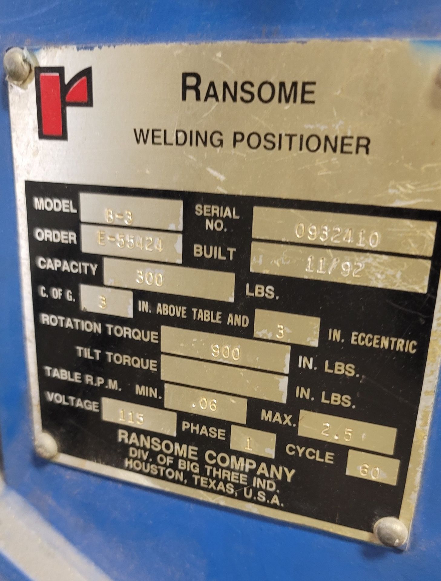 RANSOME WELDING POSITIONER, MODEL B-3, S/N 0932410, 24" TABLE, **IMMEX REGISTERED EQUIPMENT (NEEDS - Image 3 of 3