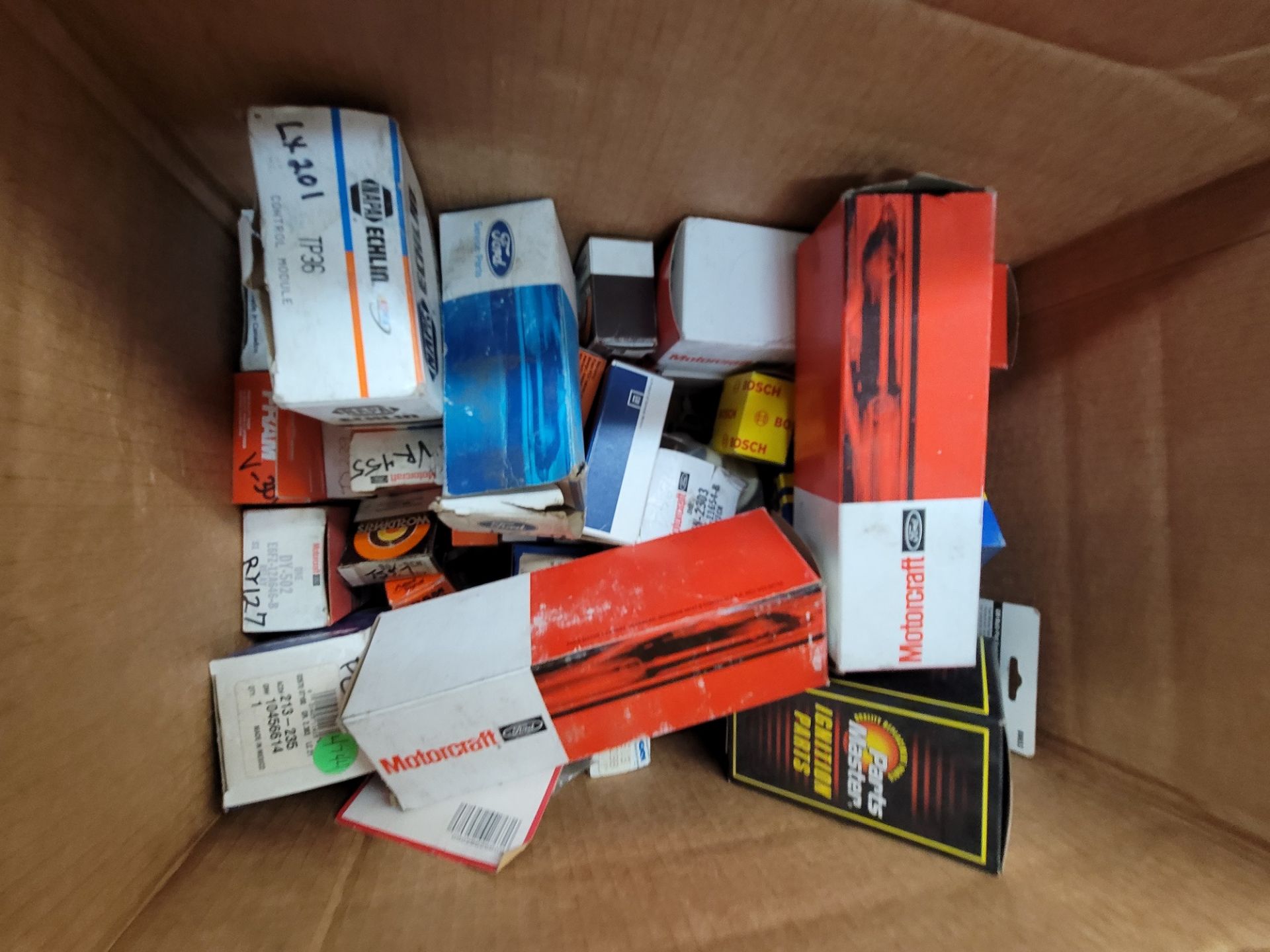 LOT - BOX OF MISC AUTOMOTIVE ELECTRICAL PARTS, APPROX. $1,500 WHOLESALE VALUE, SEE PHOTOS FOR LIST