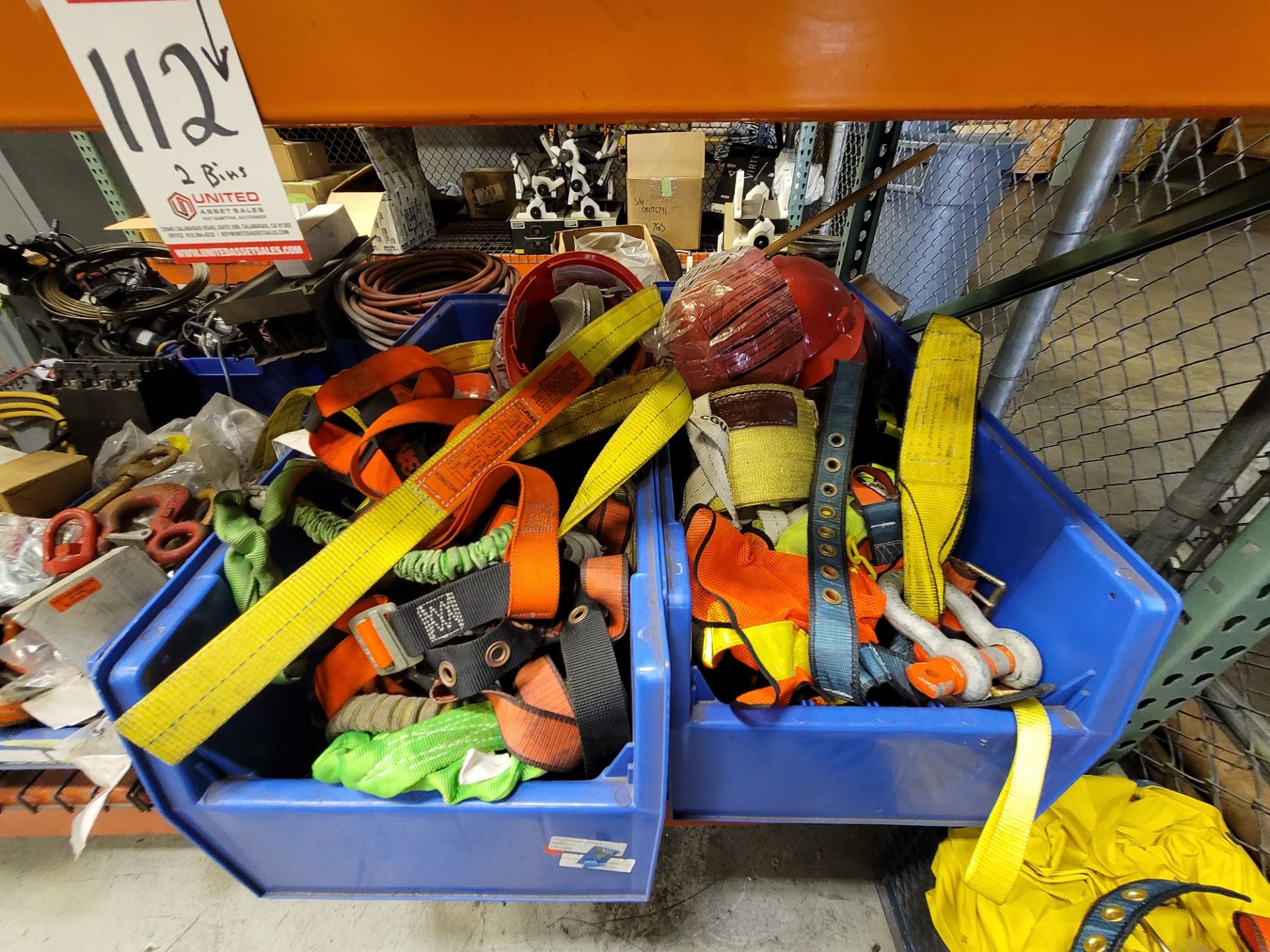 LOT - (2) LARGE BINS FULL OF RIGGING STRAPS, ETC. (LOCATION: MAINTENANCE WH)