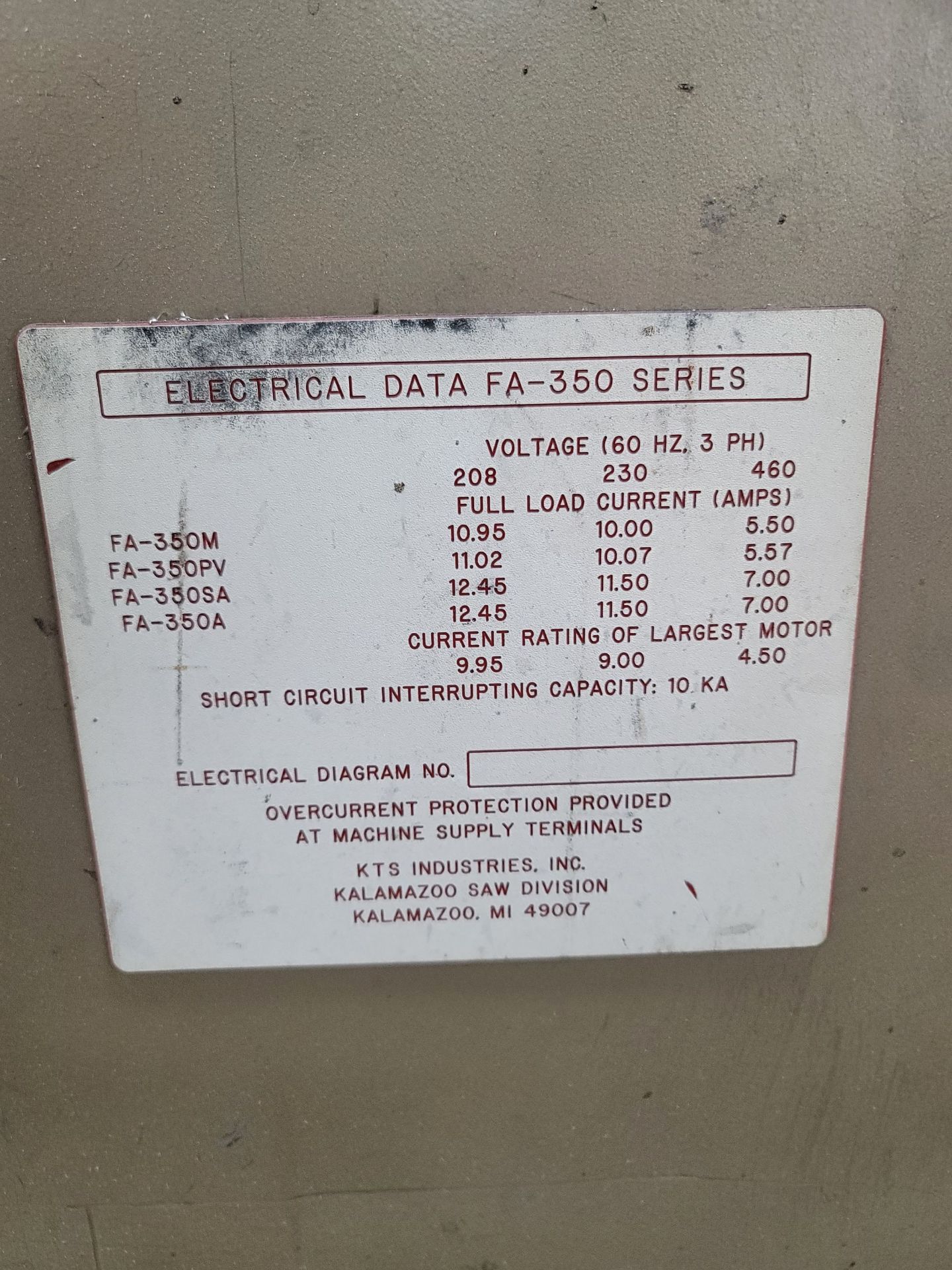 KALAMAZOO FA-350 AUTOMATIC COLD SAW, 36" THROAT, 14" BLADE, S/N 110 - Image 5 of 5