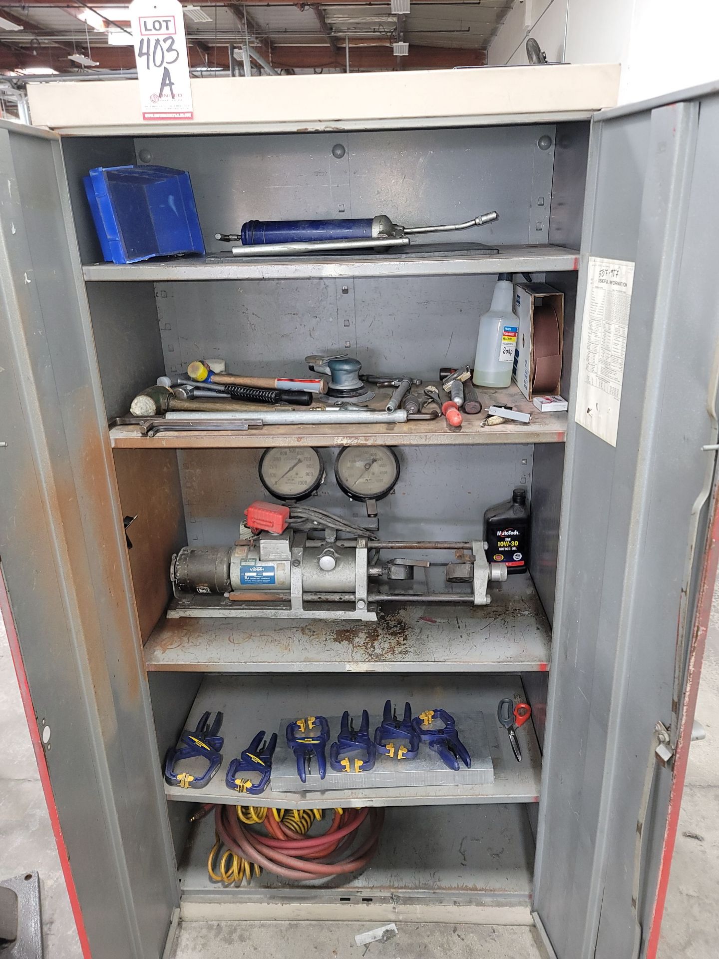 2-DOOR STORAGE CABINET, W/ CONTENTS, TO INCLUDE: CAL-TESTER TH-5 WELD TESTER, IRWIN SPRING CLAMPS,