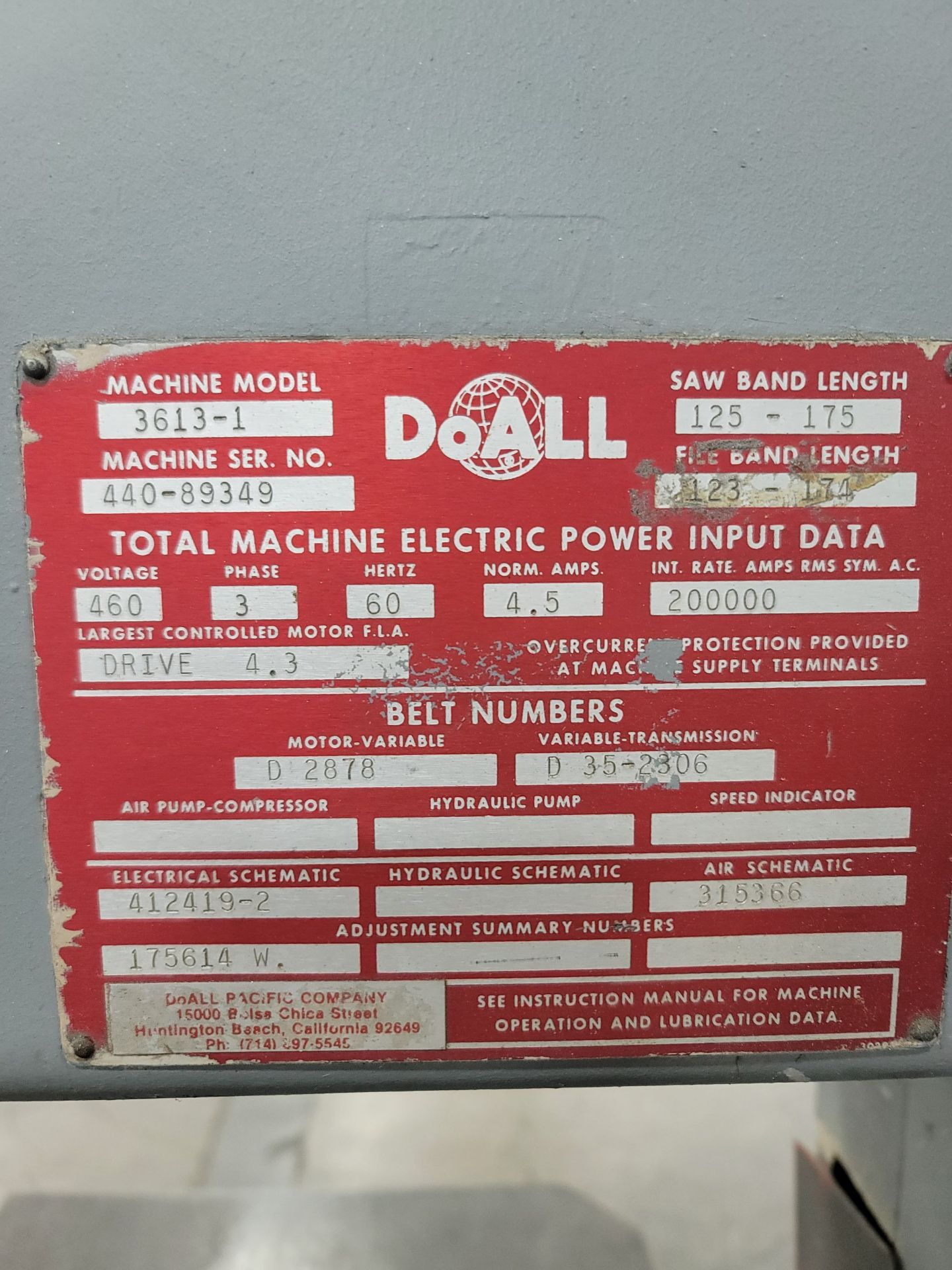 DOALL 36" VERTICAL BANDSAW, MODEL 3613-1, DUAL TABLE,, 460V, 3 PHASE, 60HZ, S/N 440-89349 - Image 5 of 5