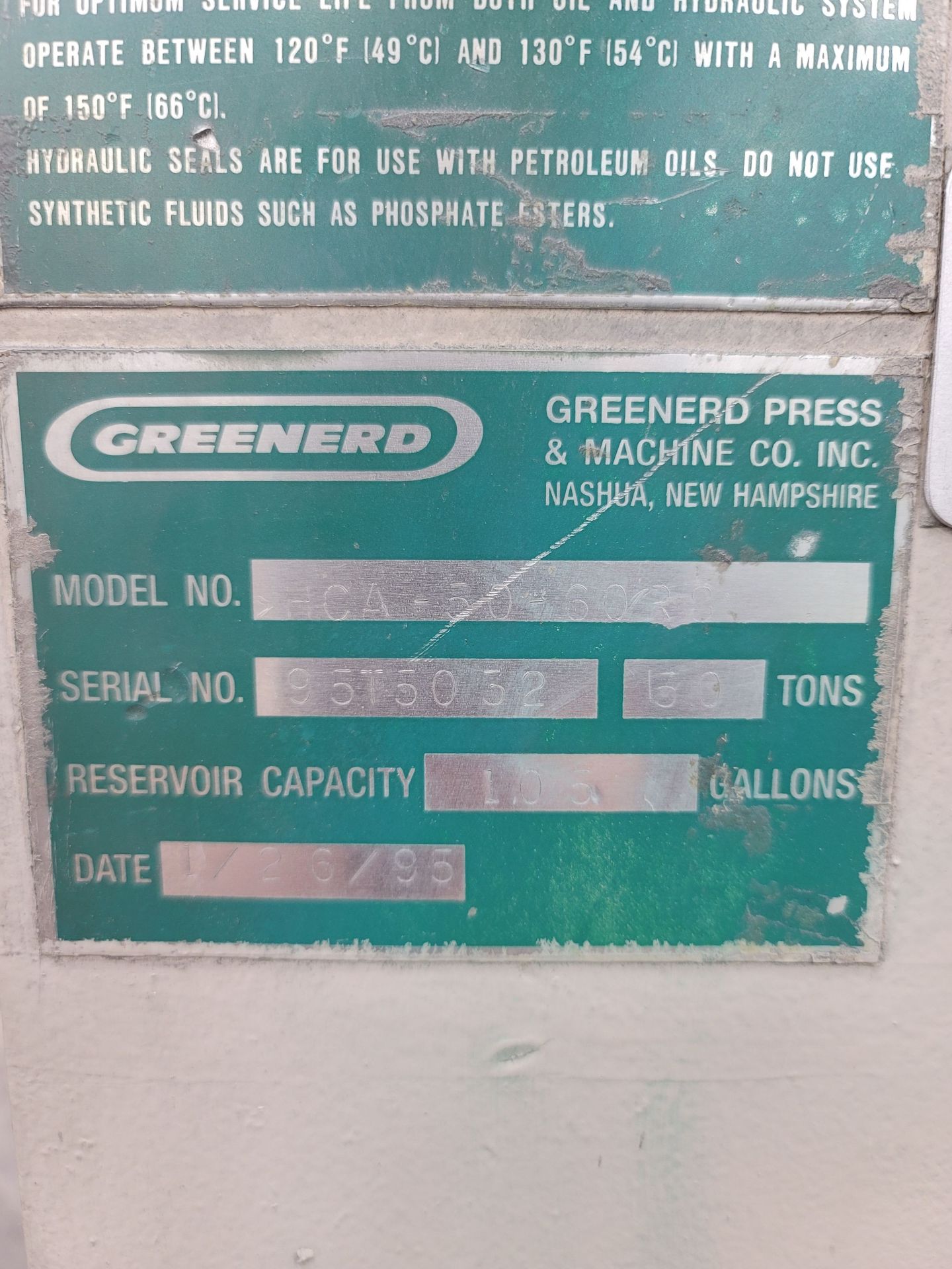 1995 GREENERD C-FRAME HYDRAULIC PRESS, MODEL HCA-50-60R8, 50 TON, S/N 95T5032 - Image 5 of 5