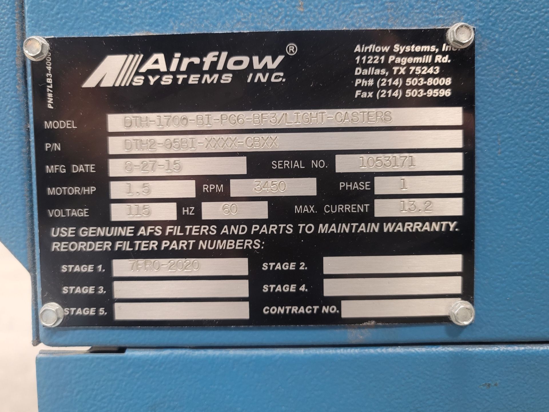 AIRFLOW SYSTEMS DTH-1700 DOWNDRAFT TABLE, ON CASTERS - Image 4 of 4